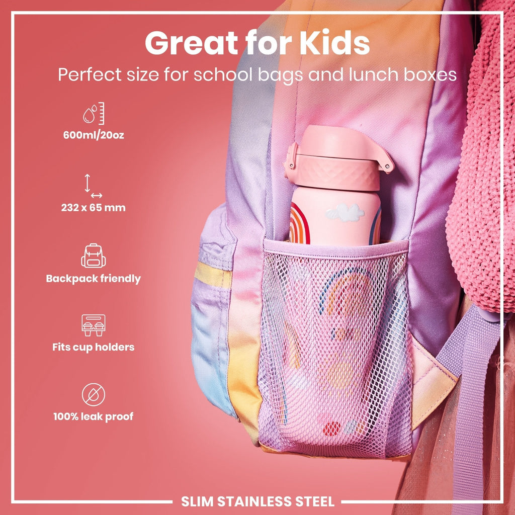 Ion8 leak-proof stainless steel water bottle with rainbow design, 600ml capacity, slim and durable for on-the-go hydration.