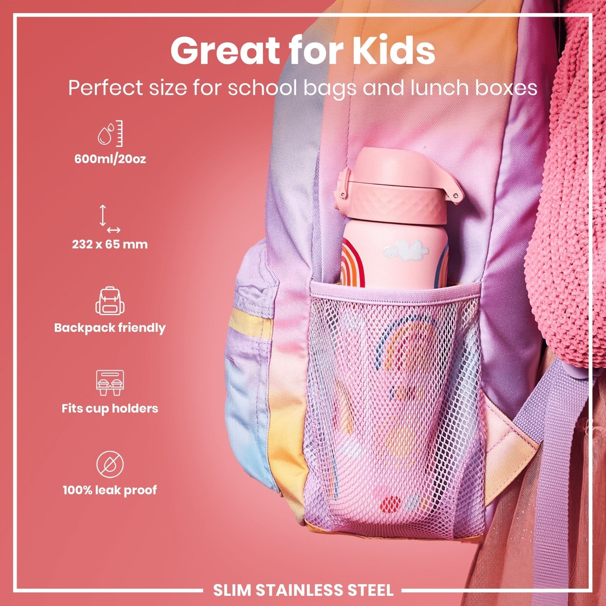 Ion8 leak-proof stainless steel water bottle with rainbow design, 600ml capacity, slim and durable for on-the-go hydration.