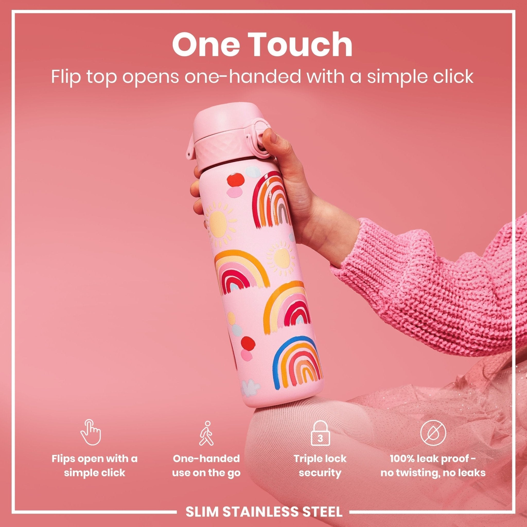 Ion8 leak-proof slim stainless steel water bottle with rainbow design, 600ml capacity, ideal for on-the-go hydration.