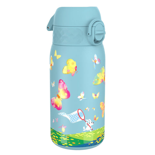 ION8 insulated steel water bottle with butterfly catcher, leak-proof thermal design, 320ml capacity, durable and insulated for hot or cold drinks.
