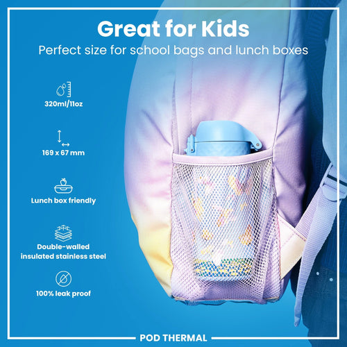 ION8 leak-proof thermal steel water bottle with butterfly catcher design, insulated, 320ml capacity, durable stainless steel material