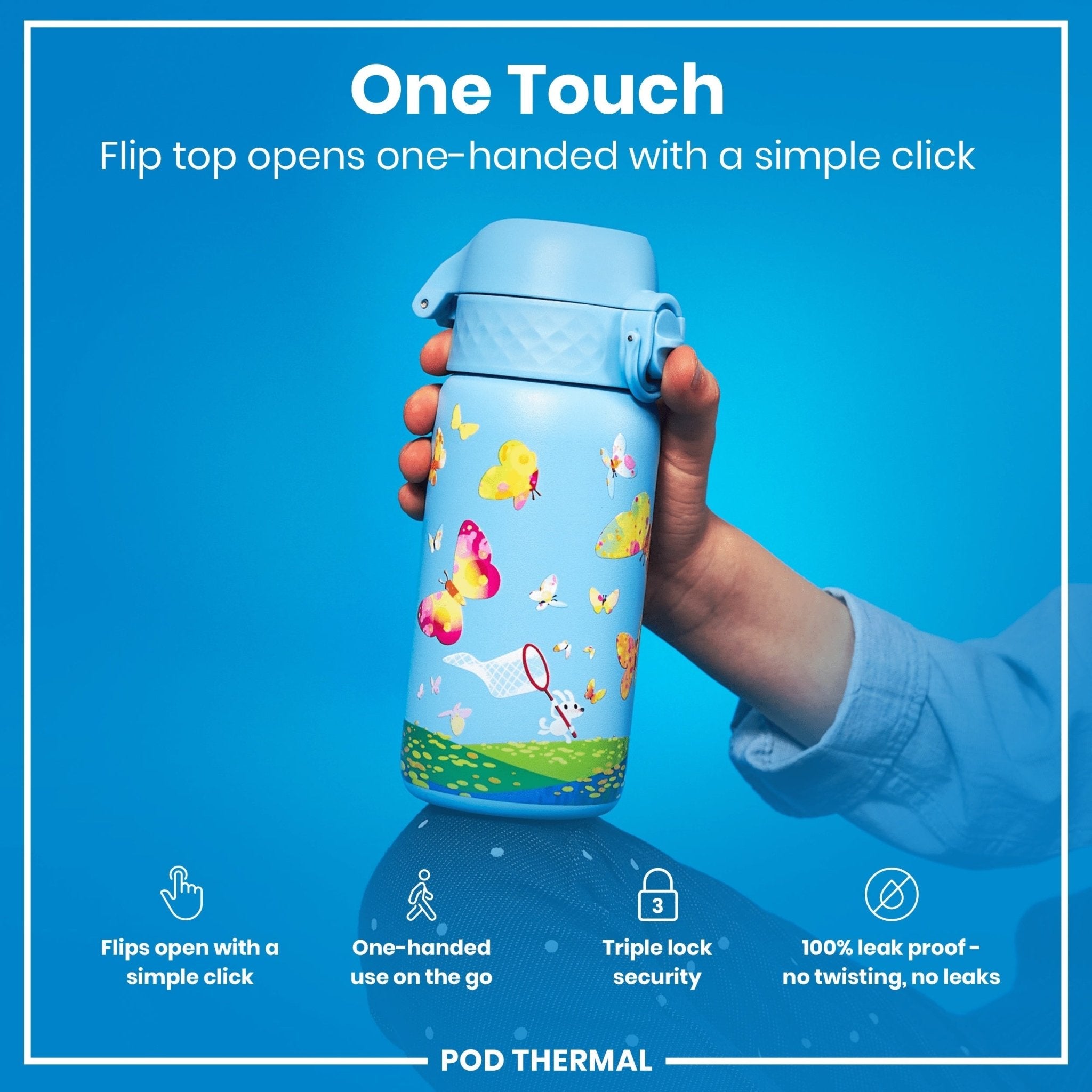 ION8 leak-proof thermal steel water bottle with butterfly catcher, 320ml insulated design, perfect for keeping drinks hot or cold