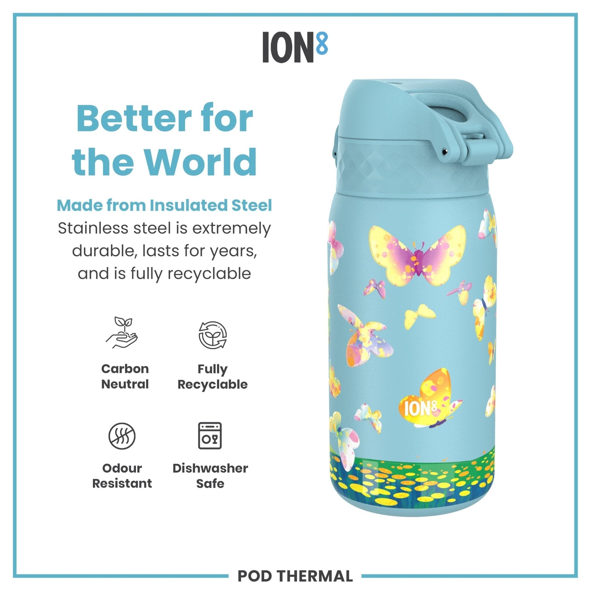 ION8 leak-proof thermal steel water bottle with butterfly catcher, insulated 320ml (11oz) drink container, suitable for hot or cold beverages.