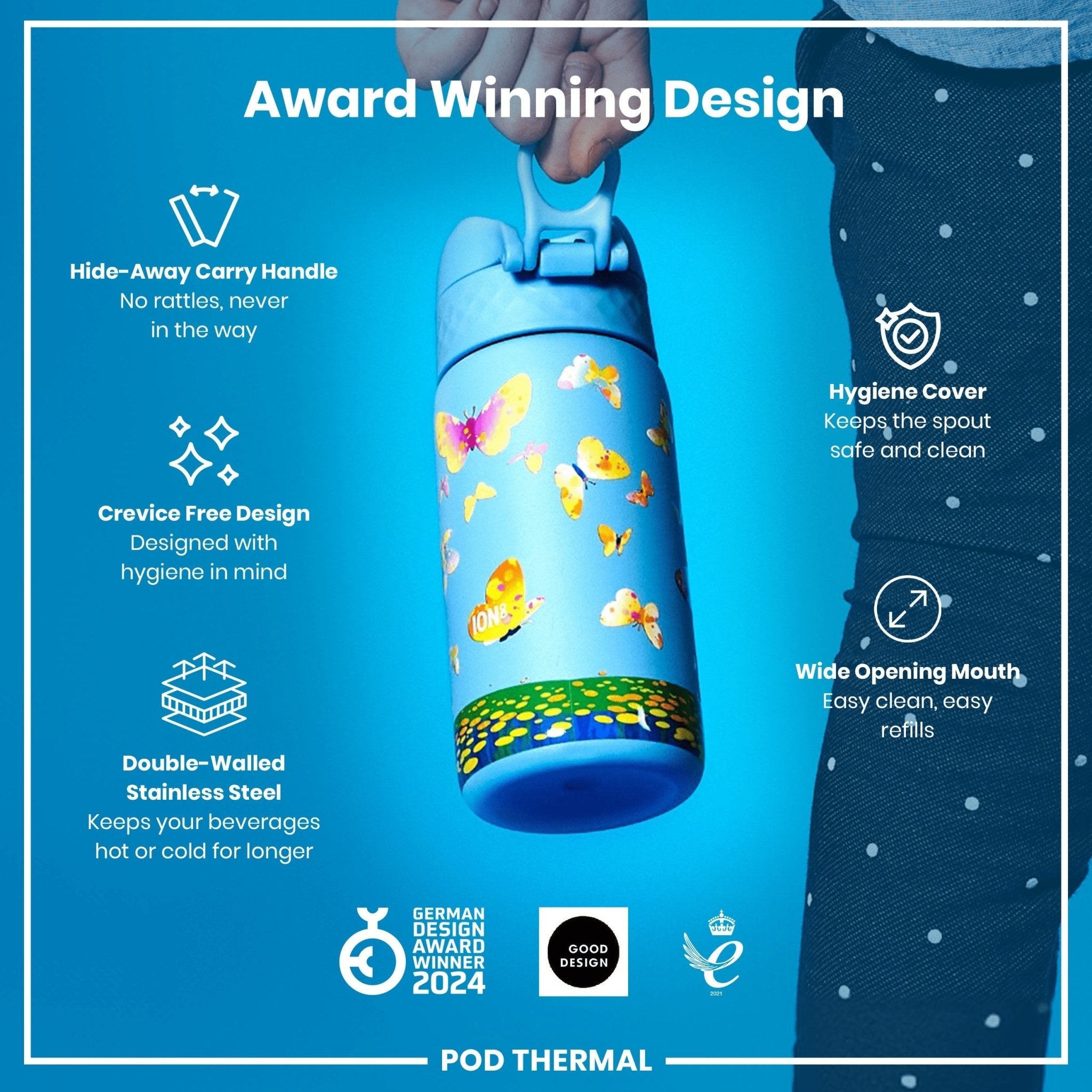 ION8 leak-proof thermal steel water bottle with butterfly catcher, insulated 320ml (11oz) for hot and cold drinks
