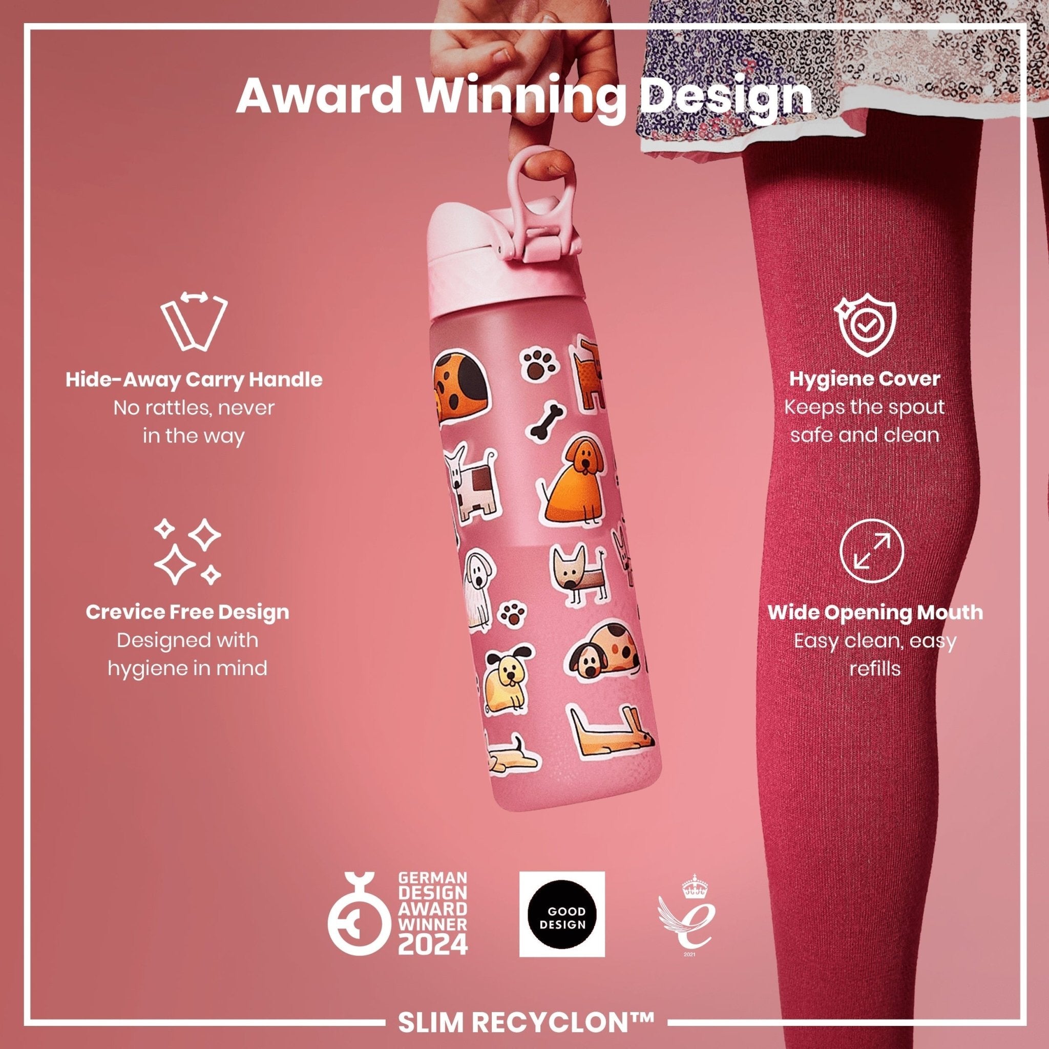 ION8 Recyclon leak-proof slim water bottle for dogs, 500ml (18oz), featuring a durable design and secure cap for pet hydration.
