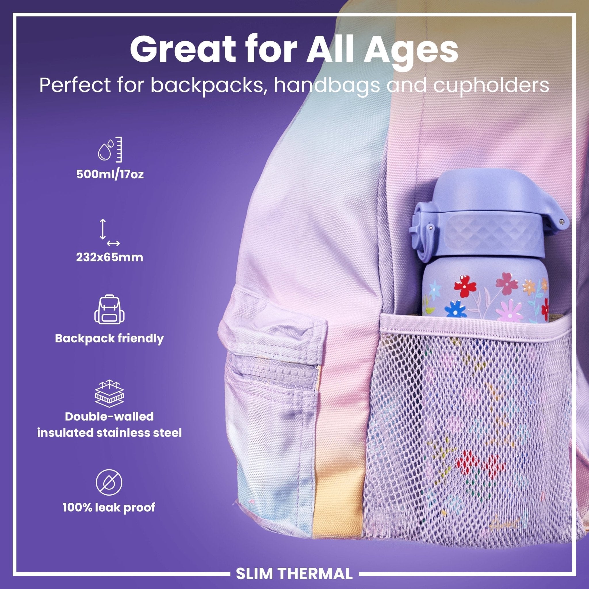 ION8 leak-proof slim thermal water bottle with ditsy floral design, 500ml insulated steel bottle for hot and cold drinks.