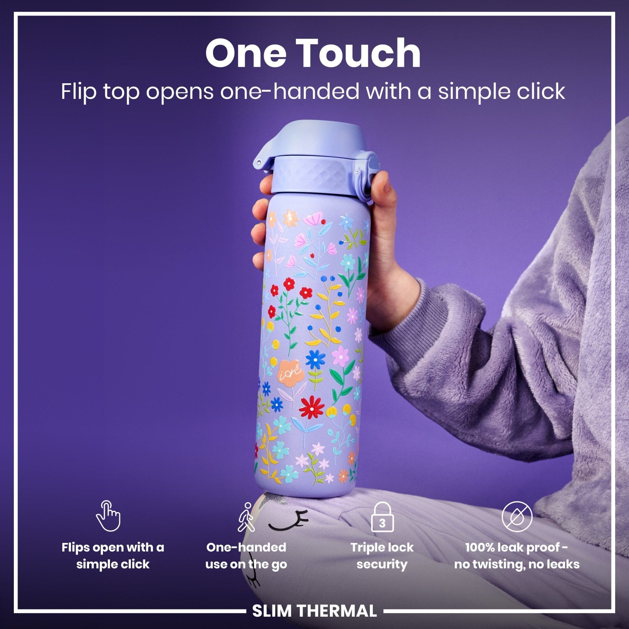 ION8 leak-proof slim thermal water bottle with floral design, 500ml insulated steel bottle for hot and cold beverages.