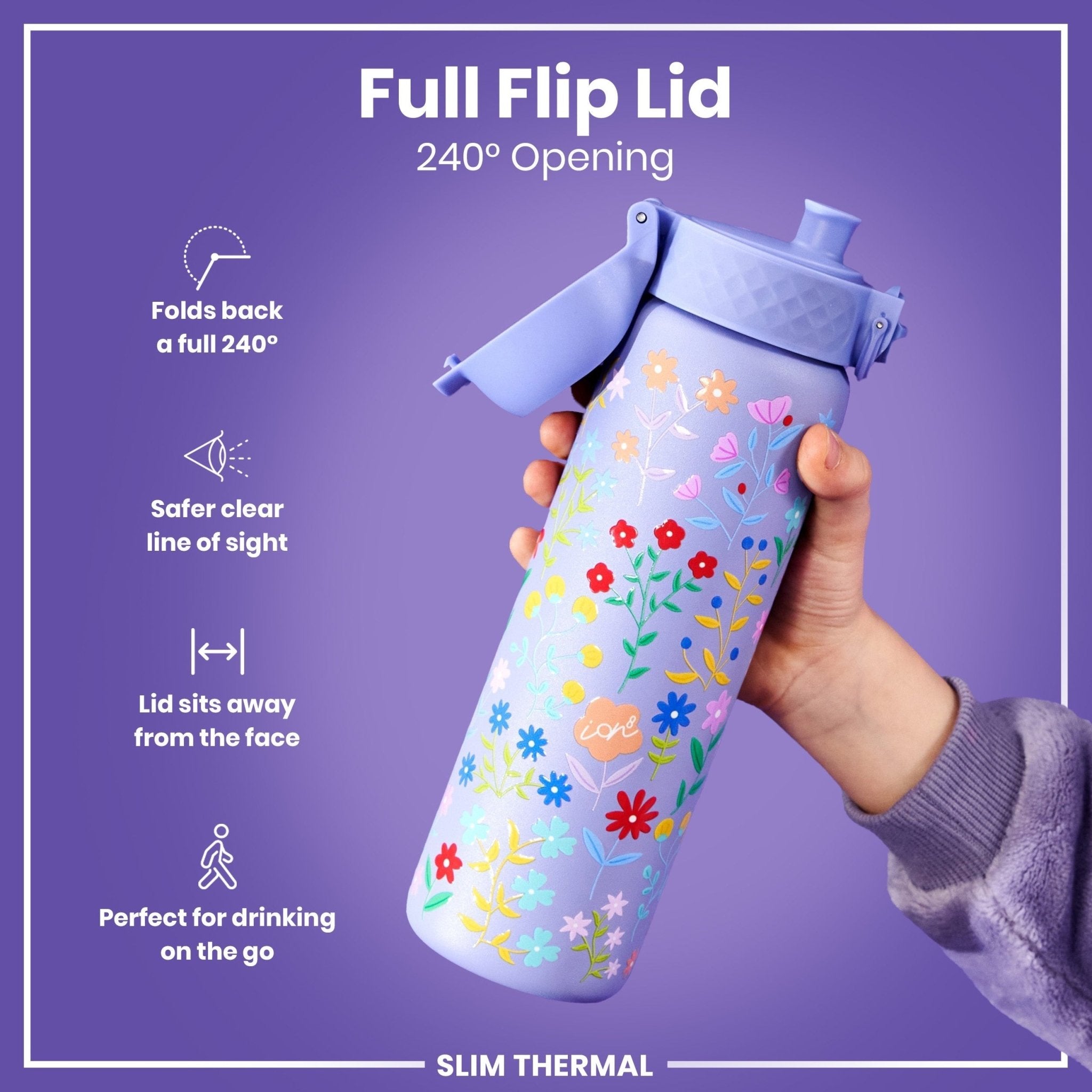 ION8 leak-proof slim thermal water bottle with ditsy floral design, 500ml insulated steel water bottle, perfect for on-the-go hydration