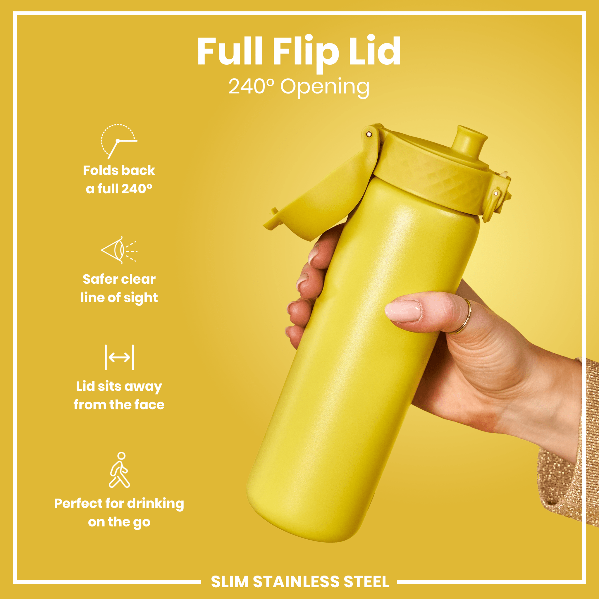 Yellow 600ml ION8 steel water bottle with leak-proof design, slim stainless steel water bottle for on-the-go hydration.