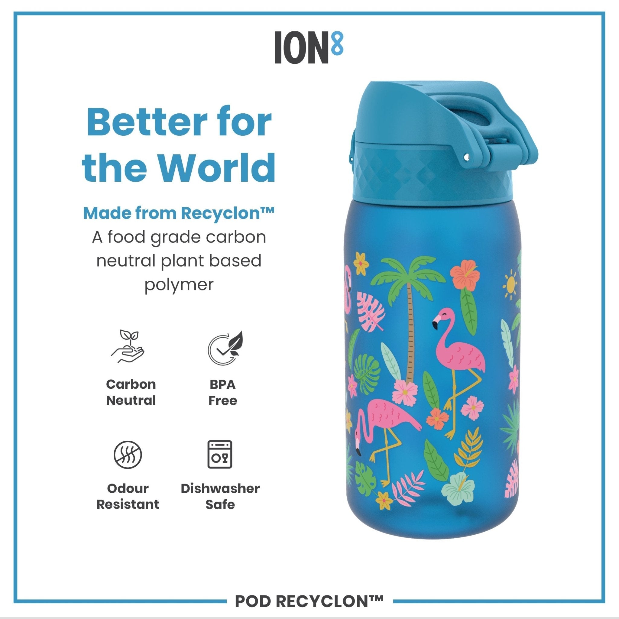 Recyclon leak-proof kids water bottle by ION8 with flamingo design, 350ml capacity, made of durable, recyclable materials.