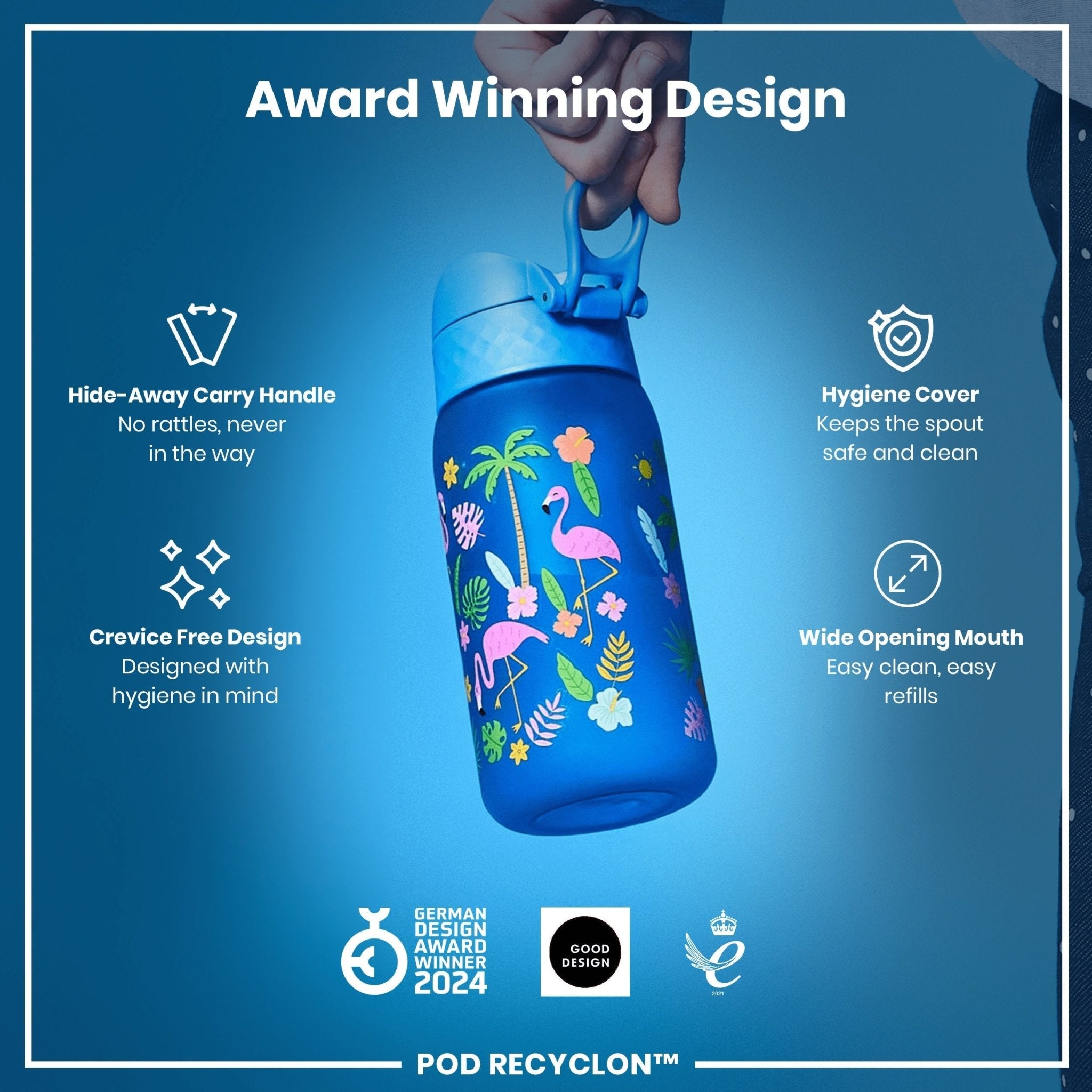 Recyclon ION8 leak-proof kids water bottle with flamingo design, 350ml (12oz), made for durable, spill-proof hydration.