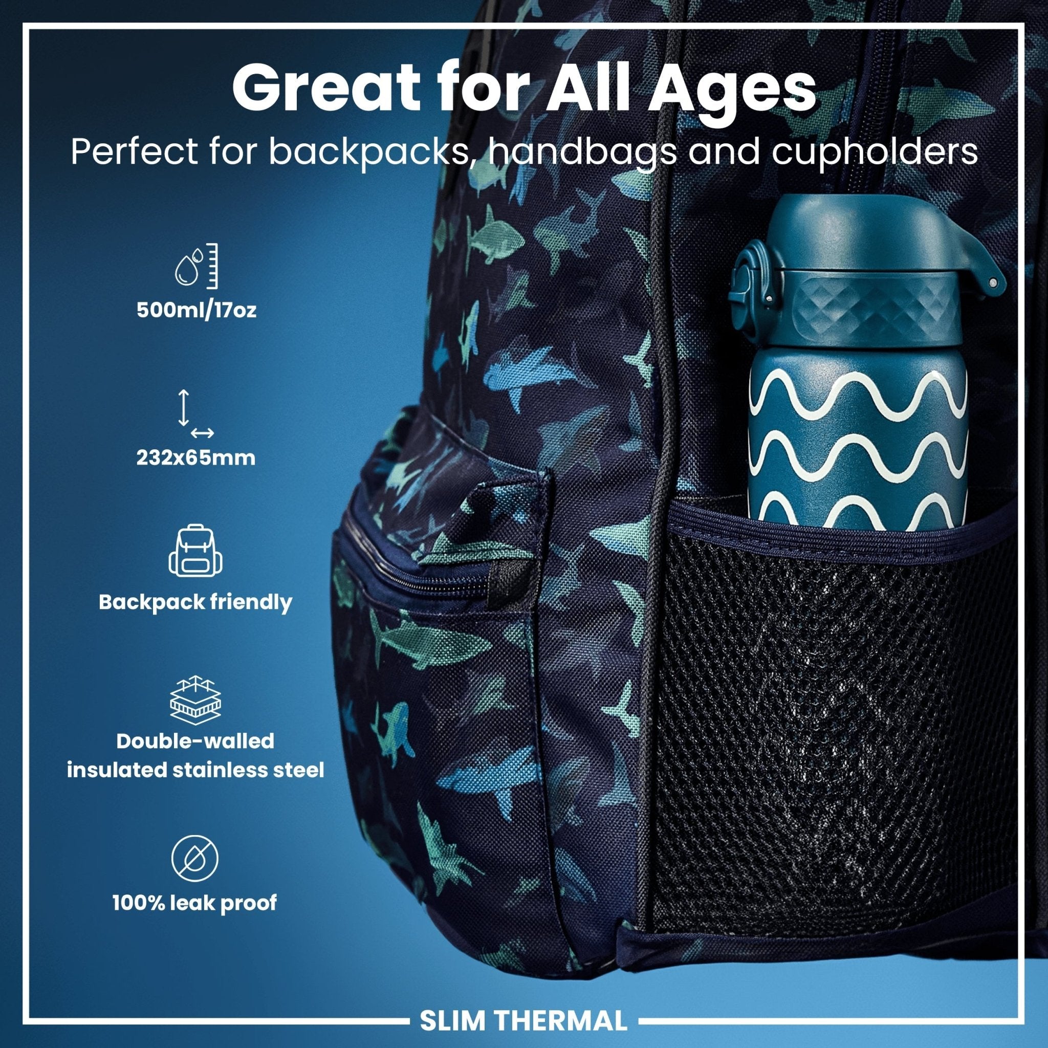 ION8 Leak Proof Slim Thermal Water Bottle in wave design, 500ml insulated steel water bottle with a secure leak-proof lid