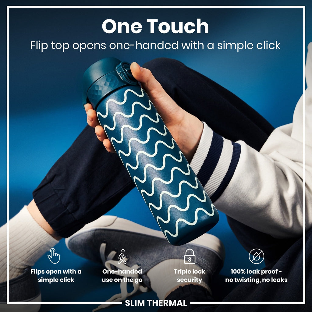 ION8 leak-proof slim thermal steel water bottle with wave design, 500ml insulated water bottle for hot or cold beverages