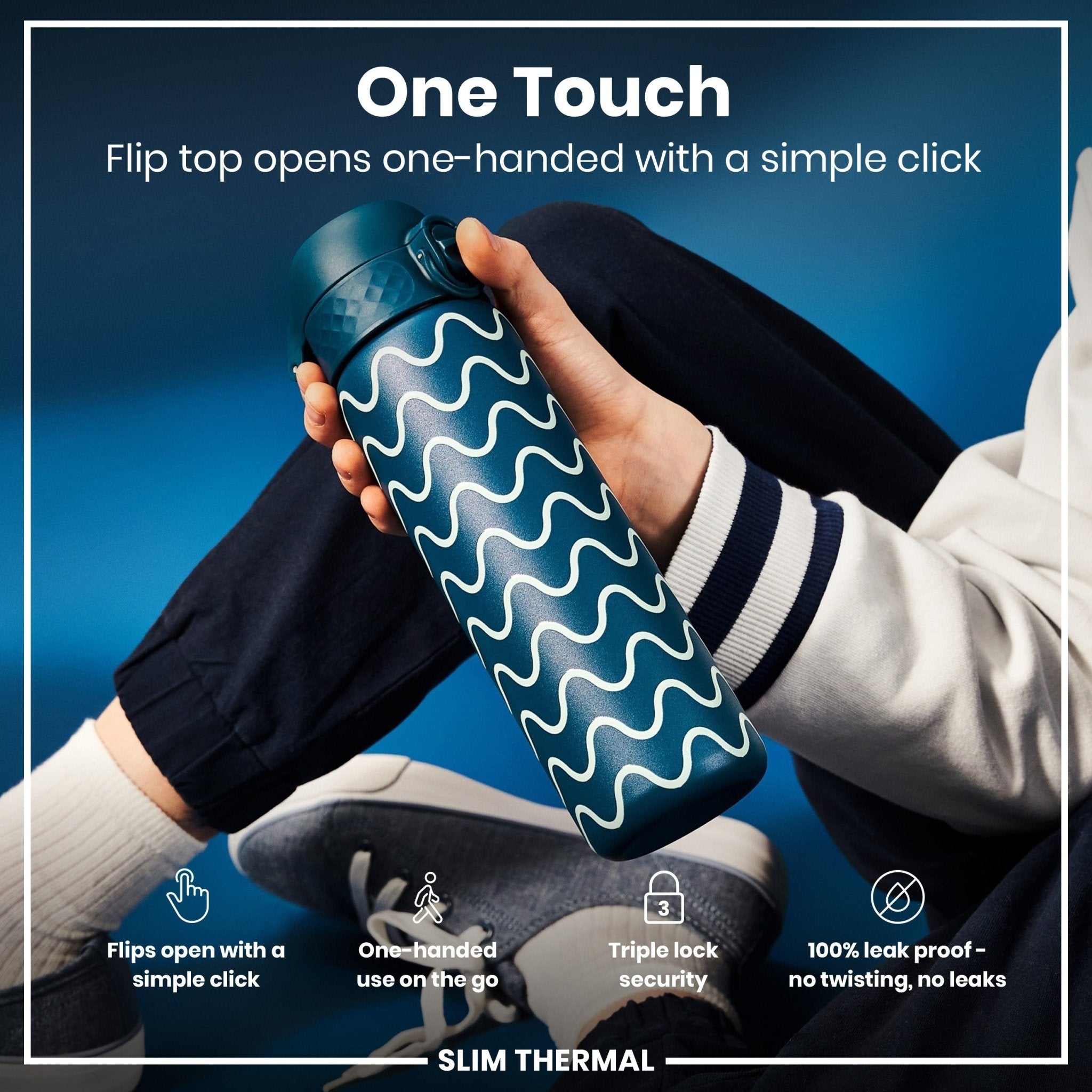ION8 leak-proof slim thermal steel water bottle with wave design, 500ml insulated water bottle for hot or cold beverages