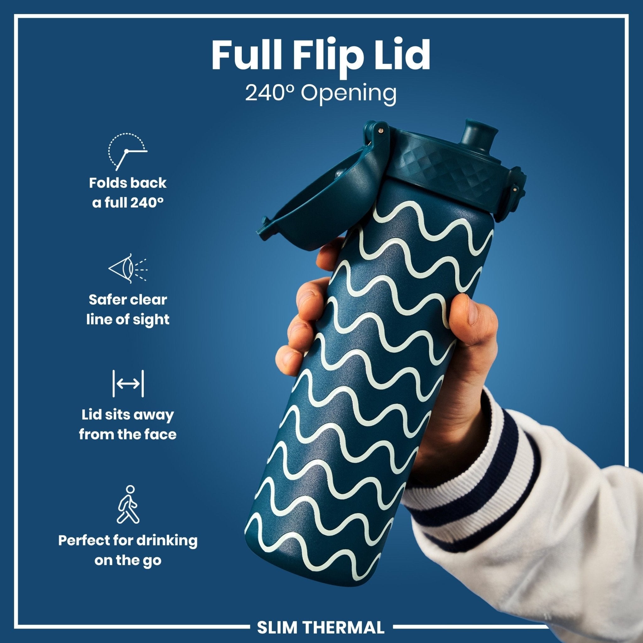 Ion8 leak-proof slim thermal water bottle in wave pattern, 500ml insulated steel bottle for hot and cold drinks.