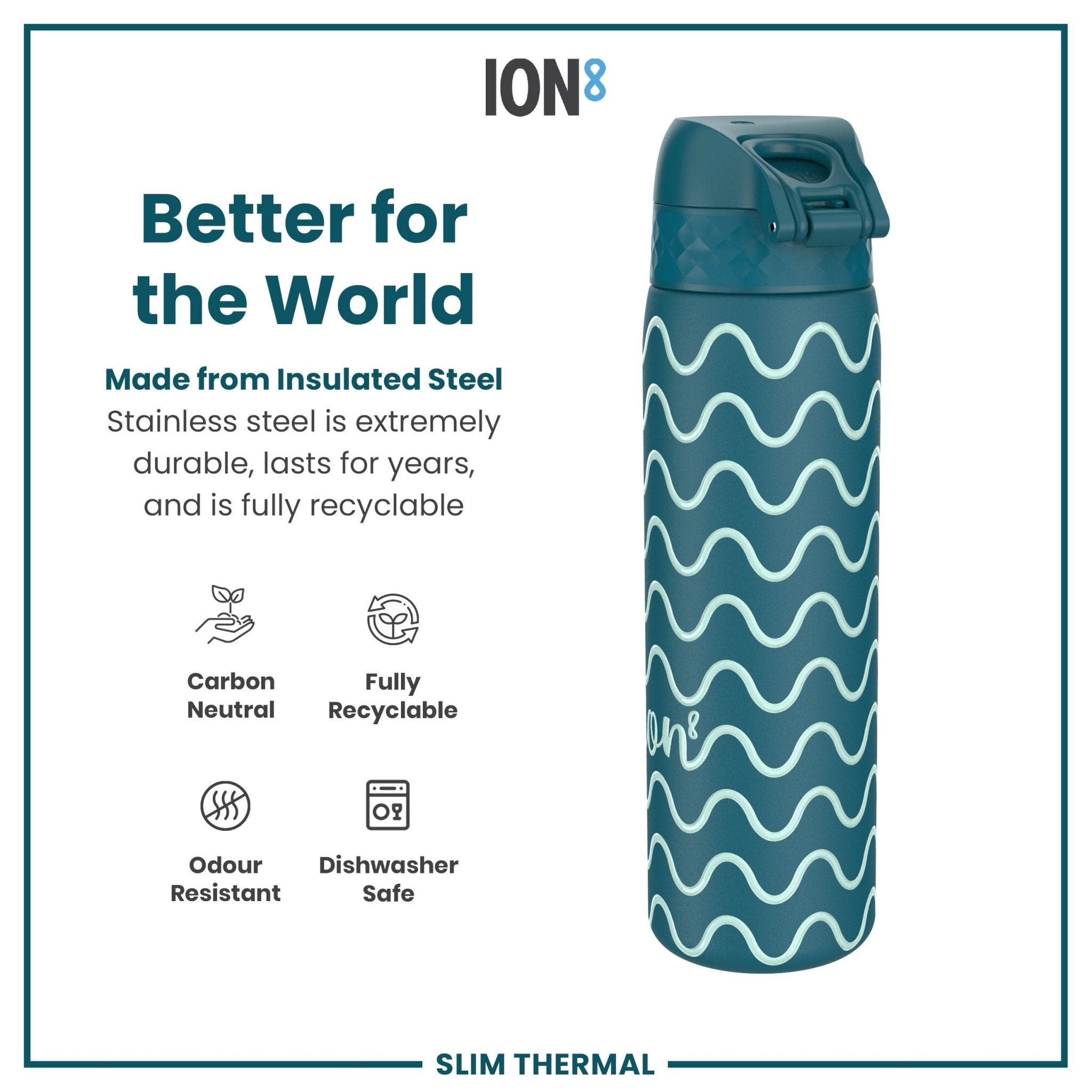 Ion8 leak-proof slim thermal water bottle with wave design, 500ml insulated steel bottle for hot or cold drinks.