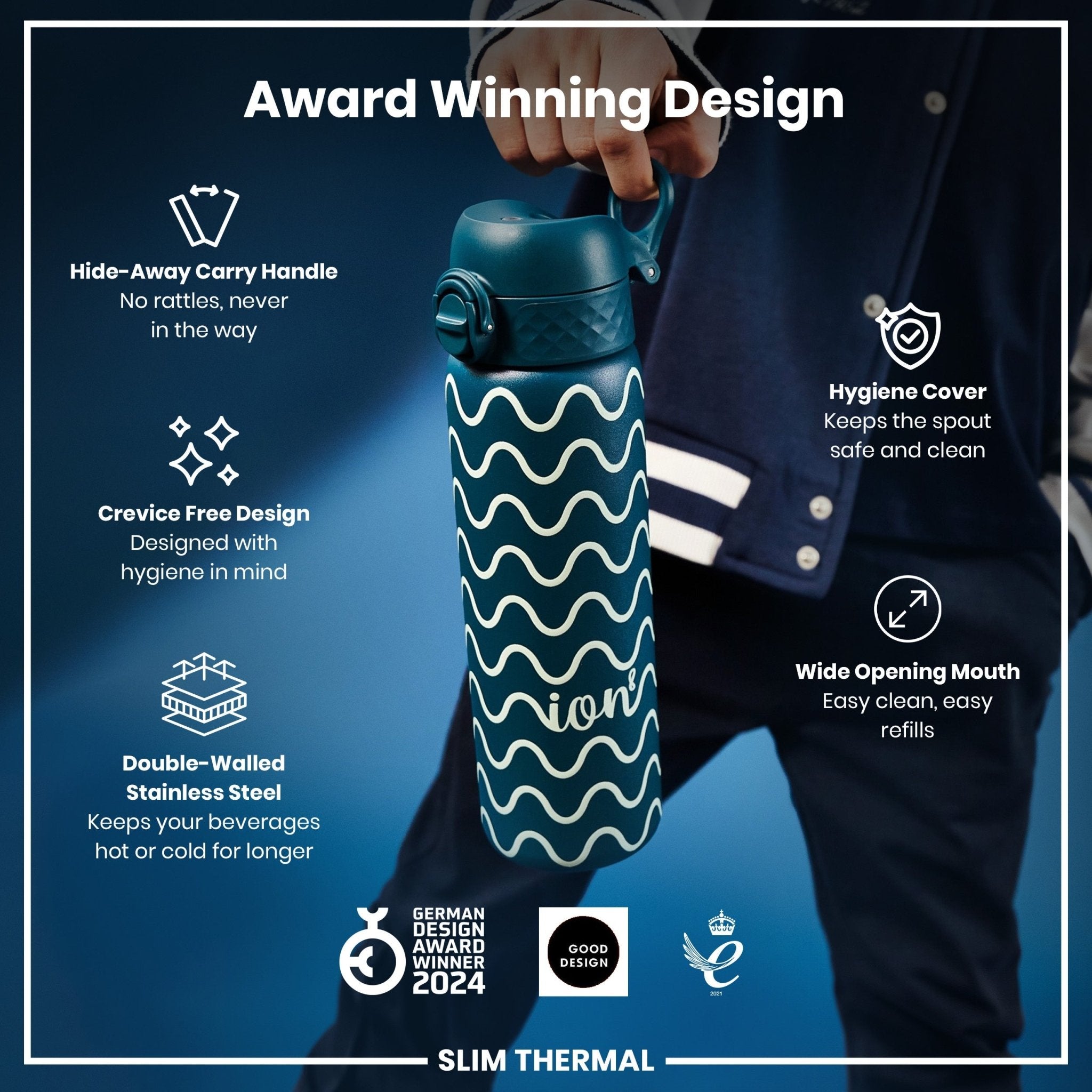 Ion8 leak-proof slim thermal water bottle with wave design, 500ml insulated steel bottle for hot and cold drinks.