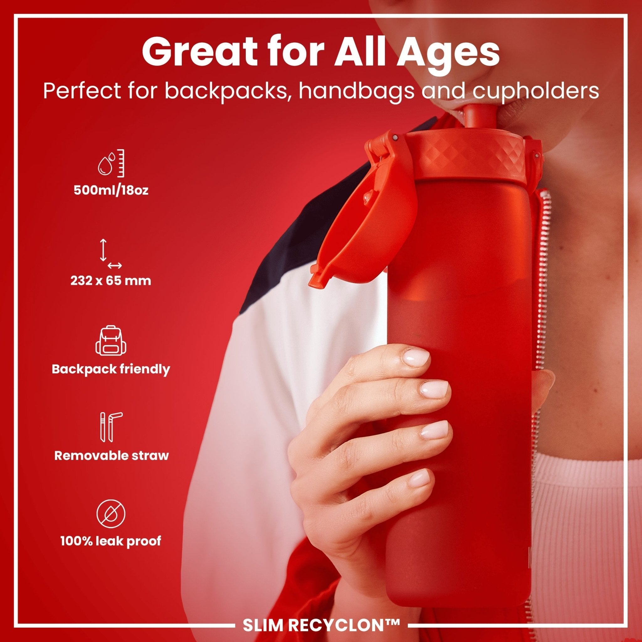 Red ION8 leak-proof medium water bottle with straw, 500ml (18oz), made from recyclable materials, featuring a sleek design.