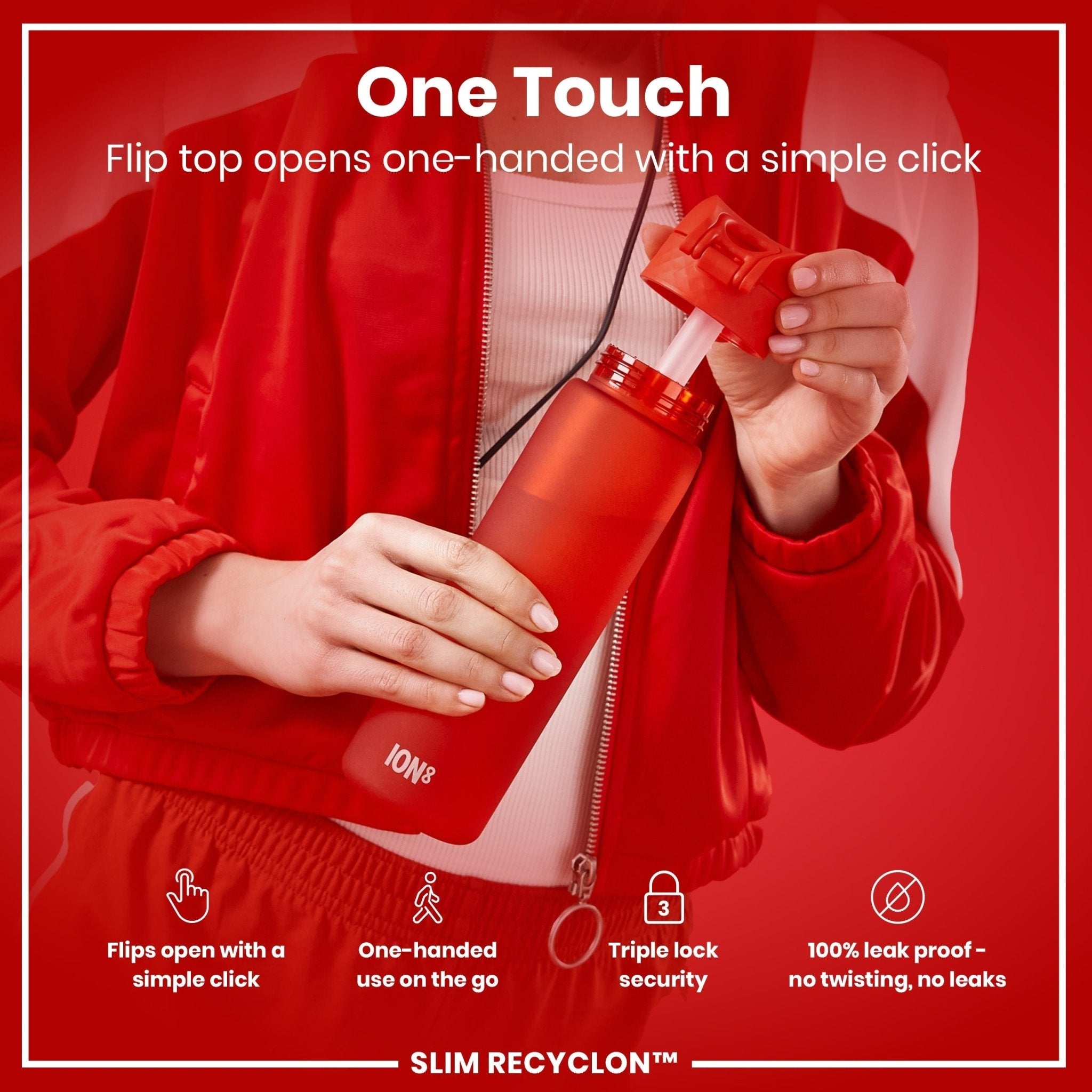 Red ION8 Leak Proof Medium Recyclon Water Bottle with straw, 500ml (18oz), featuring a secure lid and ergonomic design.