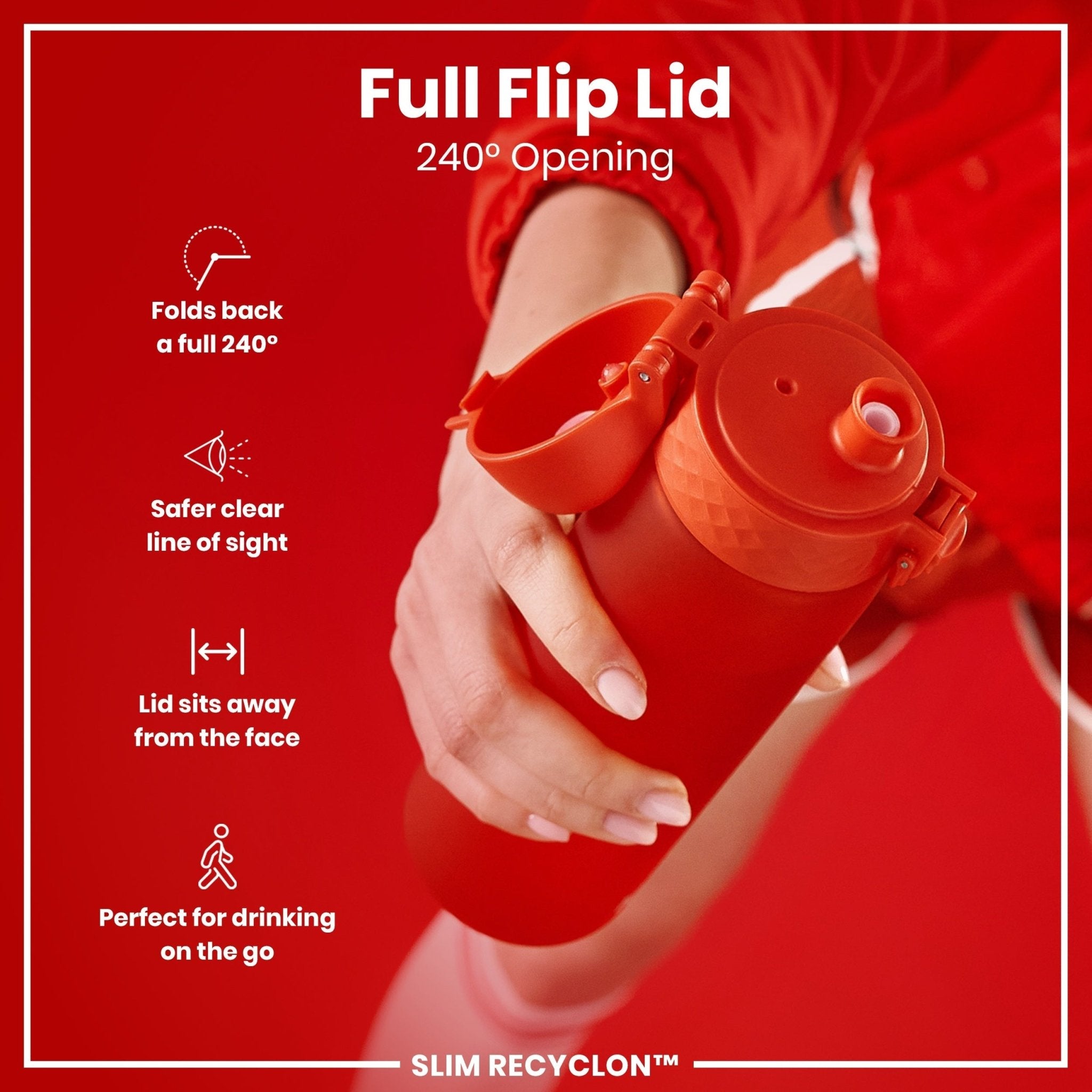 Red ION8 Recyclon leak-proof medium water bottle with straw, 500ml (18oz), featuring a secure lid and ergonomic design.