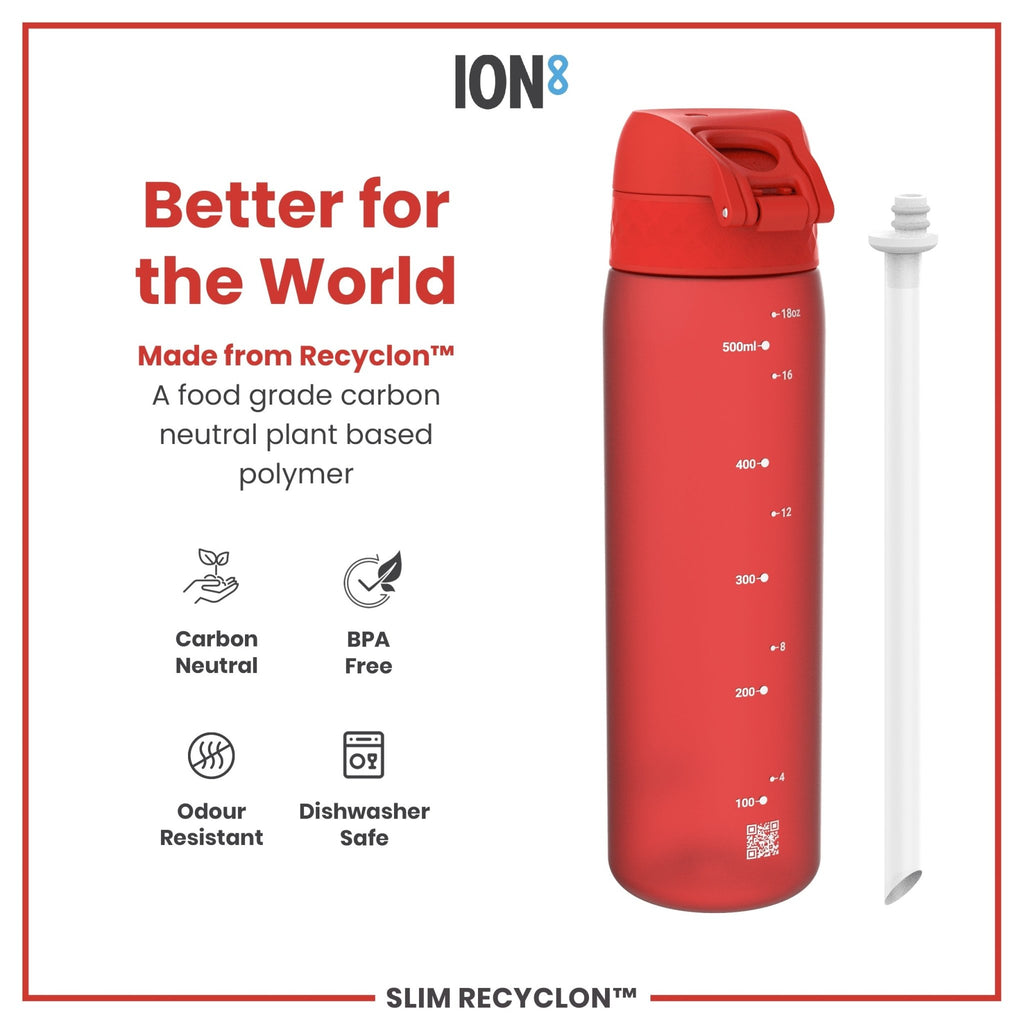 Red ION8 Recyclon leak-proof medium water bottle with straw, 500ml (18oz), featuring a sleek design and reusable construction.