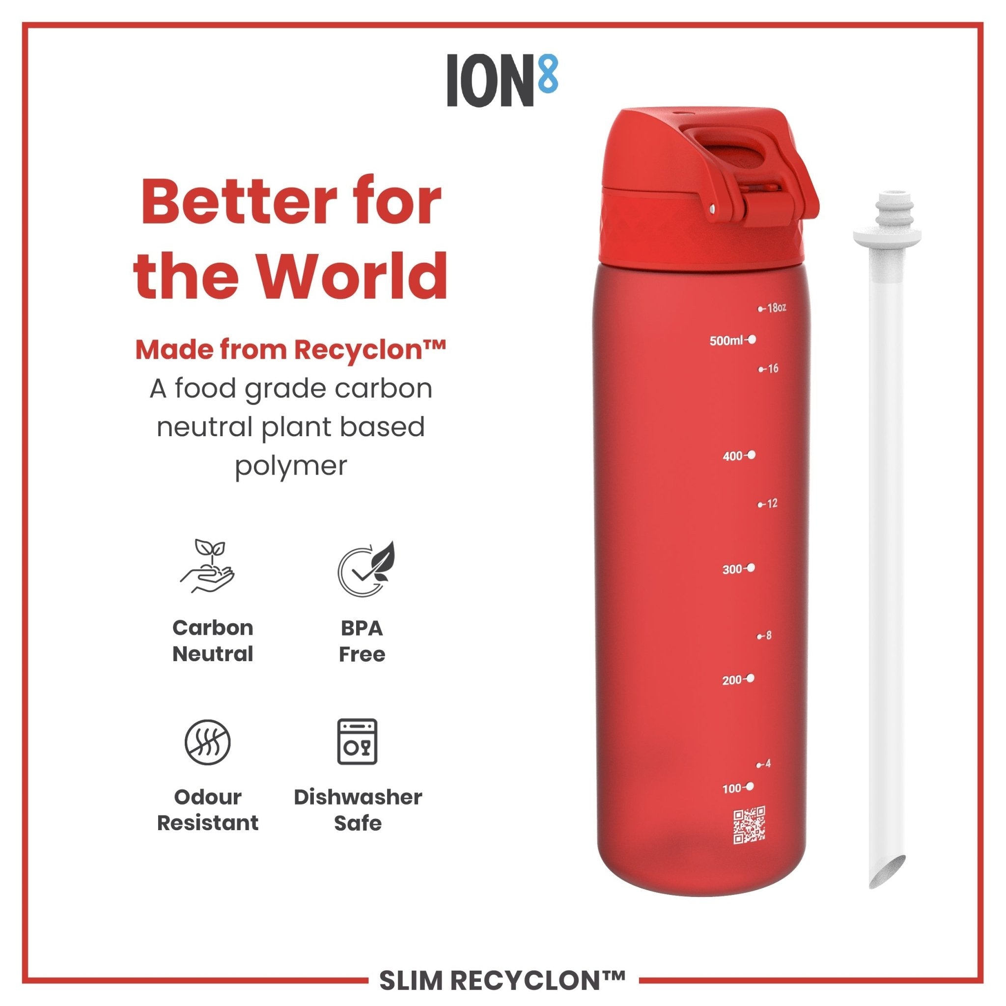 Red ION8 Recyclon leak-proof medium water bottle with straw, 500ml (18oz), featuring a sleek design and reusable construction.