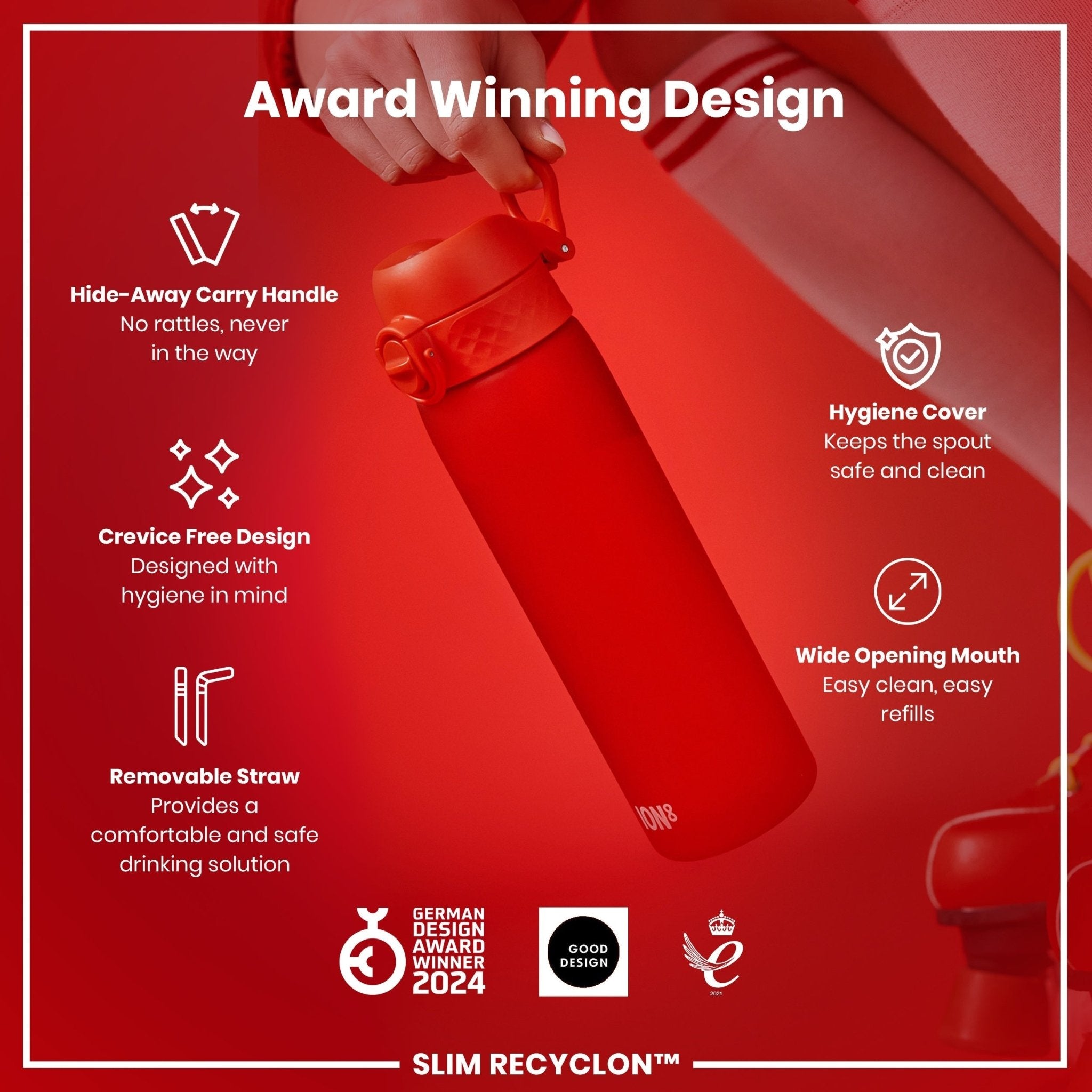 Red ION8 Recyclon water bottle with straw, leak-proof, 500ml (18oz), designed for easy hydration and reusable use.