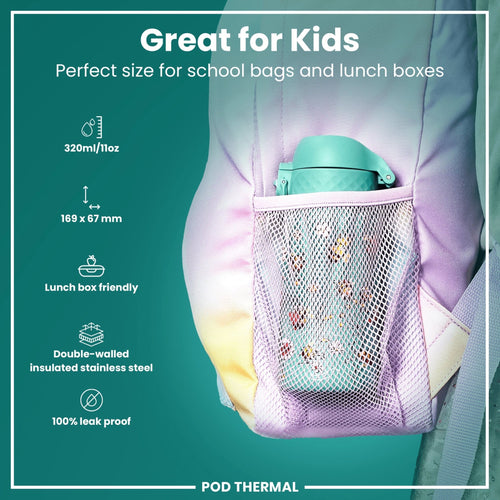 Insulated ION8 steel water bottle with leak-proof design, featuring bee pattern, 320ml capacity, and thermal insulation.