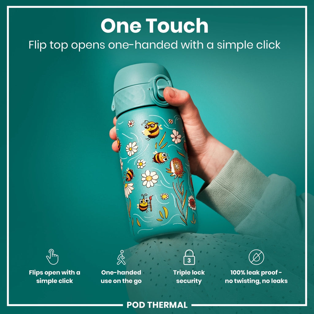 ION8 insulated steel water bottle with leak-proof design, thermal insulation, 320ml capacity, featuring bee pattern.