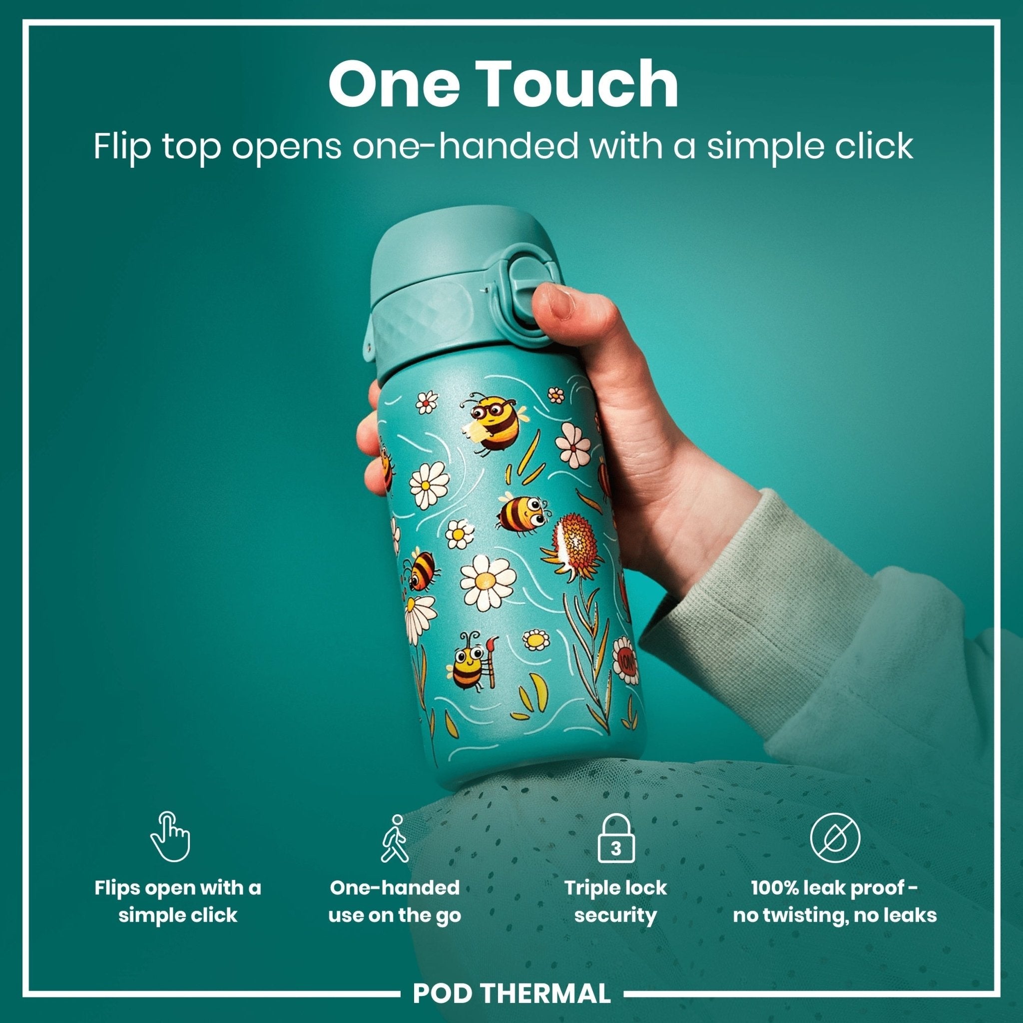 ION8 insulated steel water bottle with leak-proof design, thermal insulation, 320ml capacity, featuring bee pattern.