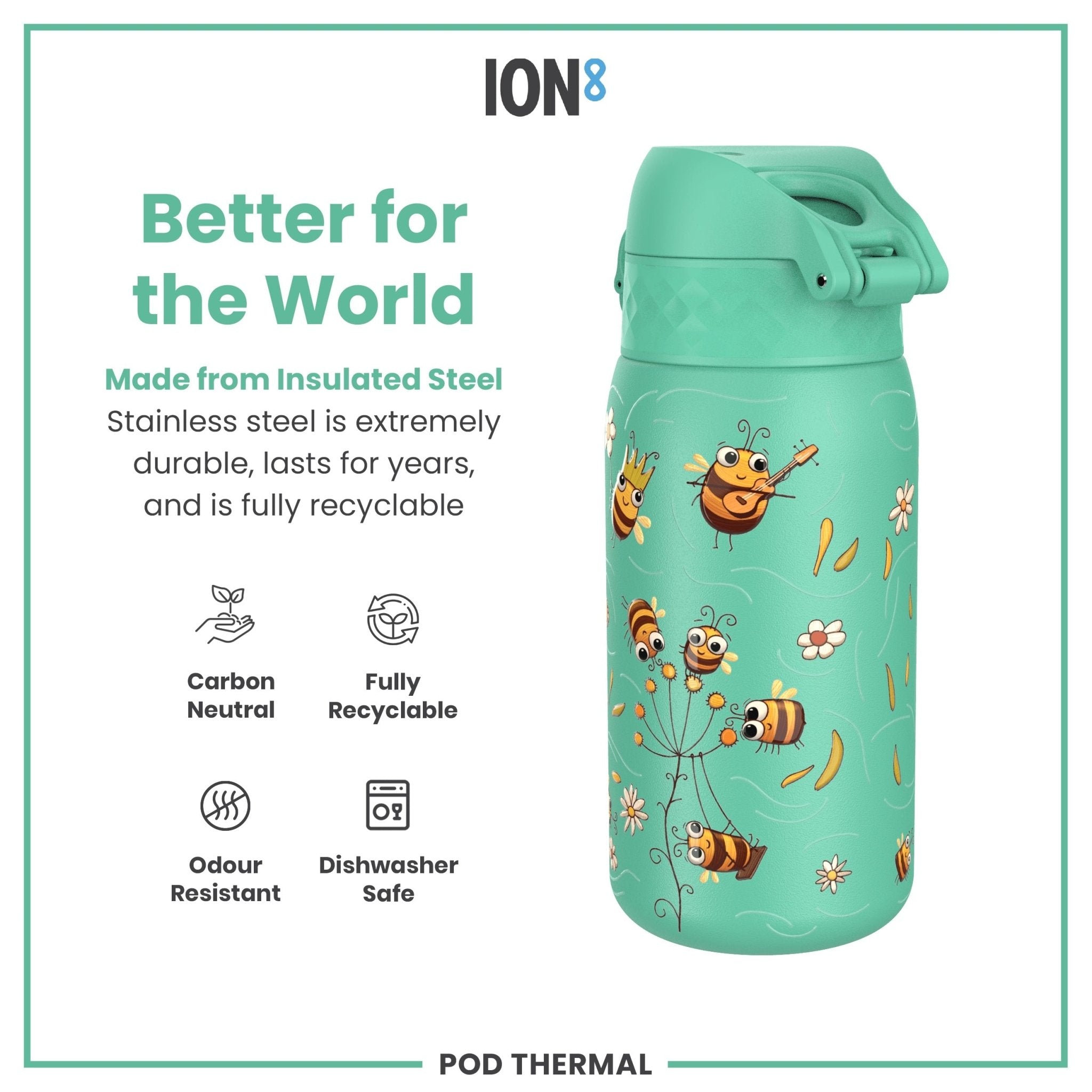 ION8 insulated steel water bottle with leak-proof design, 320ml capacity, featuring bee artwork and thermal insulation.