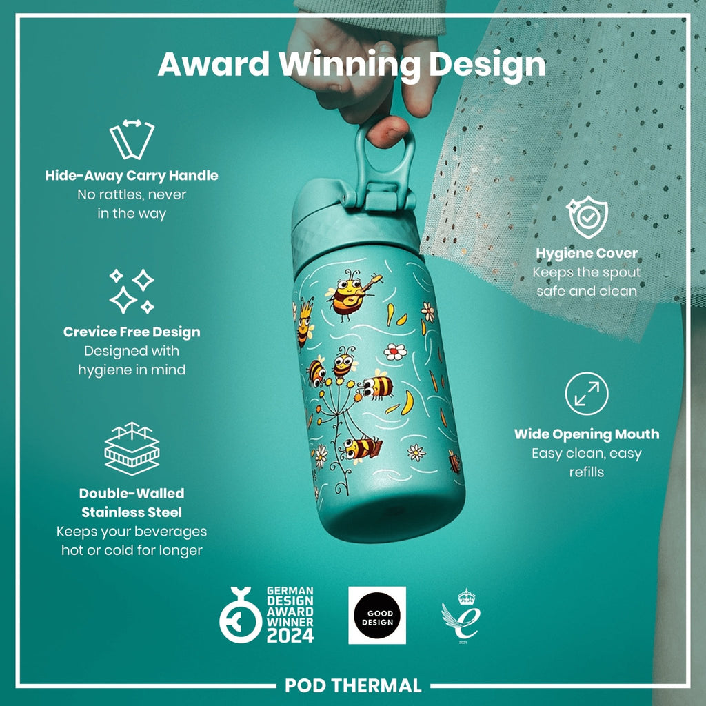 Ion8 leak-proof thermal steel water bottle with bees design, insulated 320ml (11oz) for hot and cold beverages.