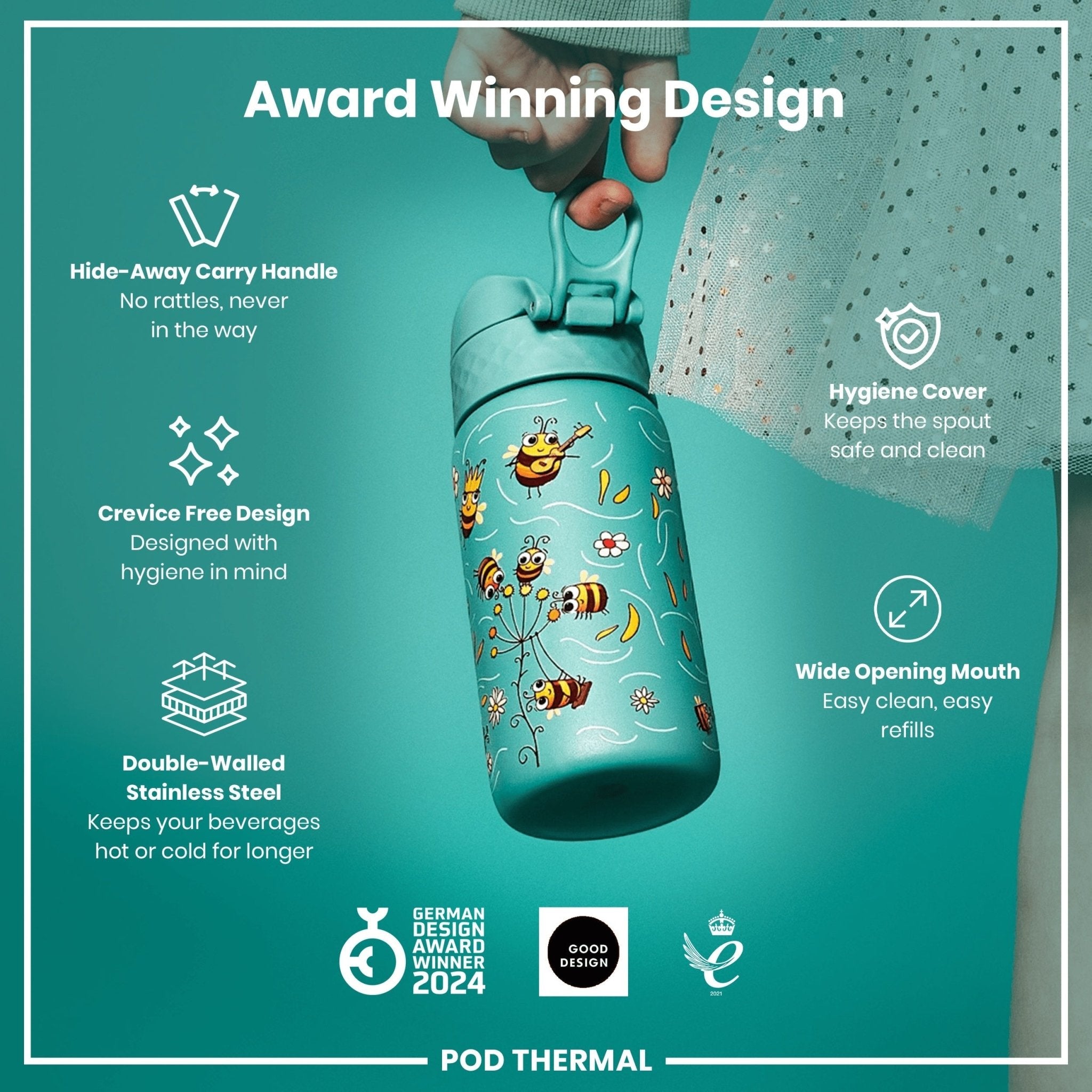 Ion8 leak-proof thermal steel water bottle with bees design, insulated 320ml (11oz) for hot and cold beverages.