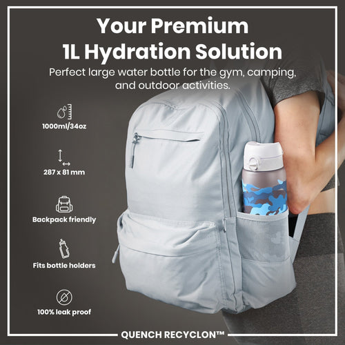 Camouflage ION8 Recyclon 1L leak-proof water bottle with time markings for hydration reminders.
