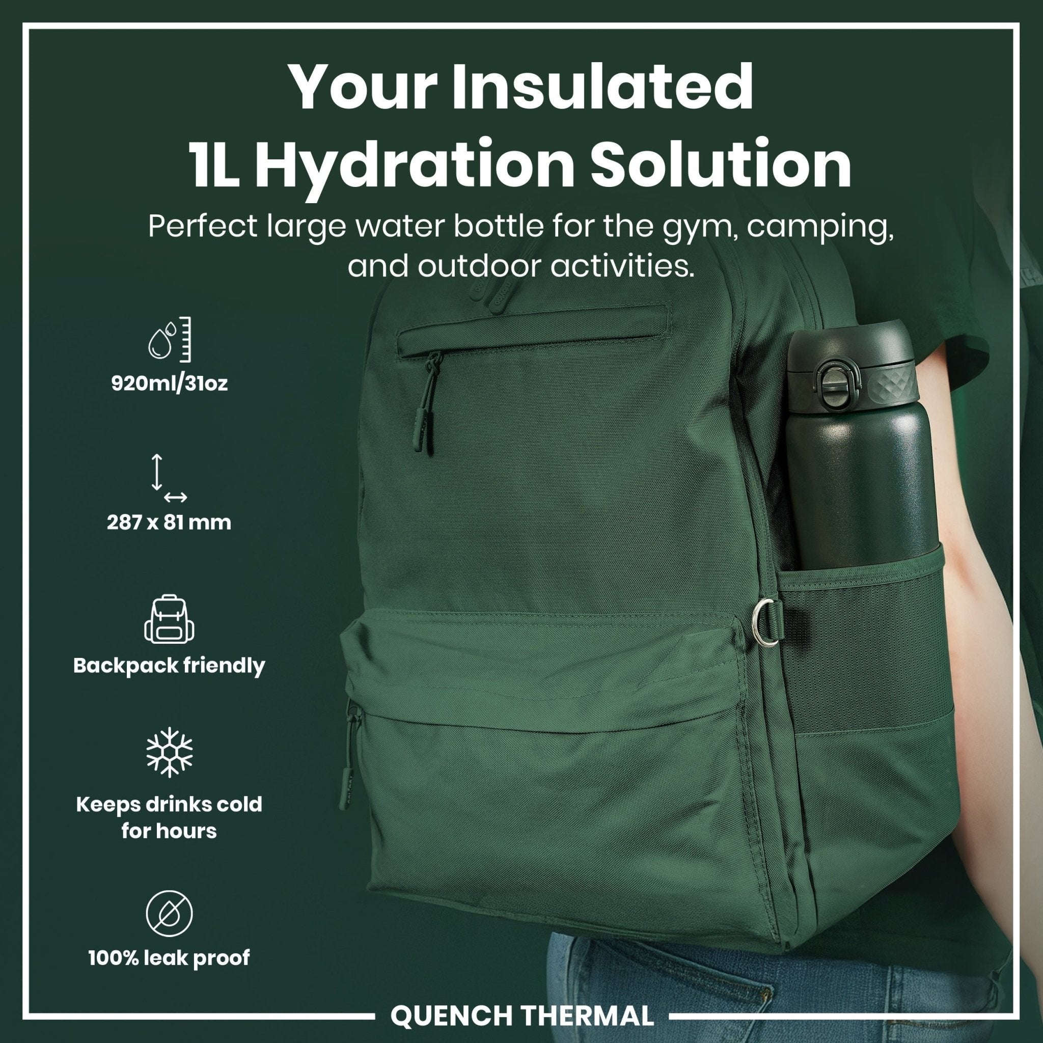Dark green ION8 1L insulated steel water bottle with leak-proof design, ideal for thermal hydration and outdoor use.