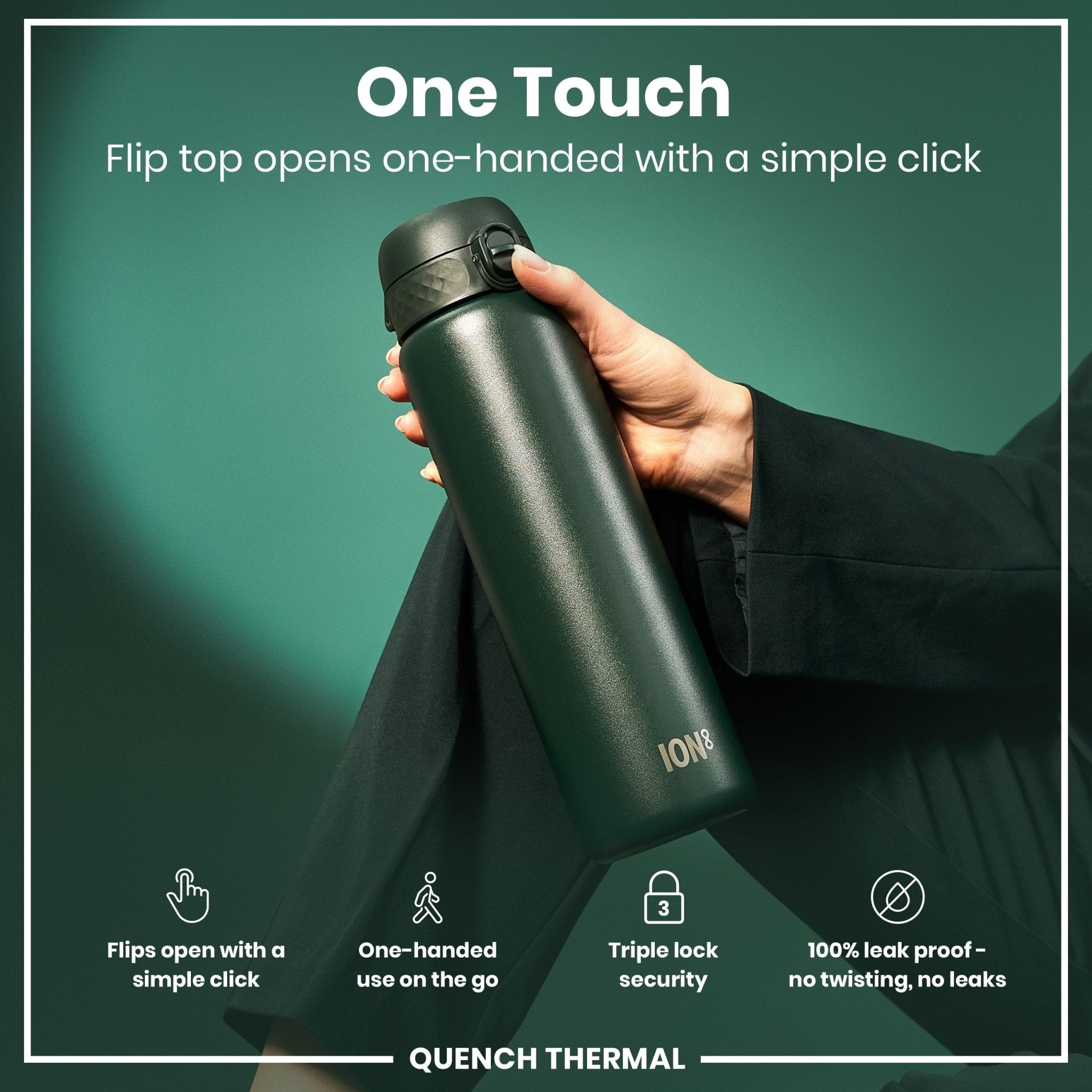 ION8 1L leak-proof thermal water bottle in dark green, insulated steel design, ideal for hot and cold beverages.