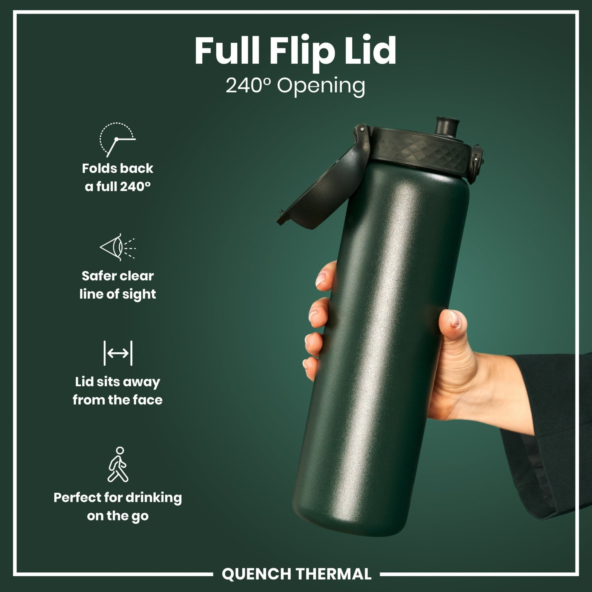 Dark green ION8 1L insulated steel water bottle, leak-proof thermal design ideal for hot and cold beverages