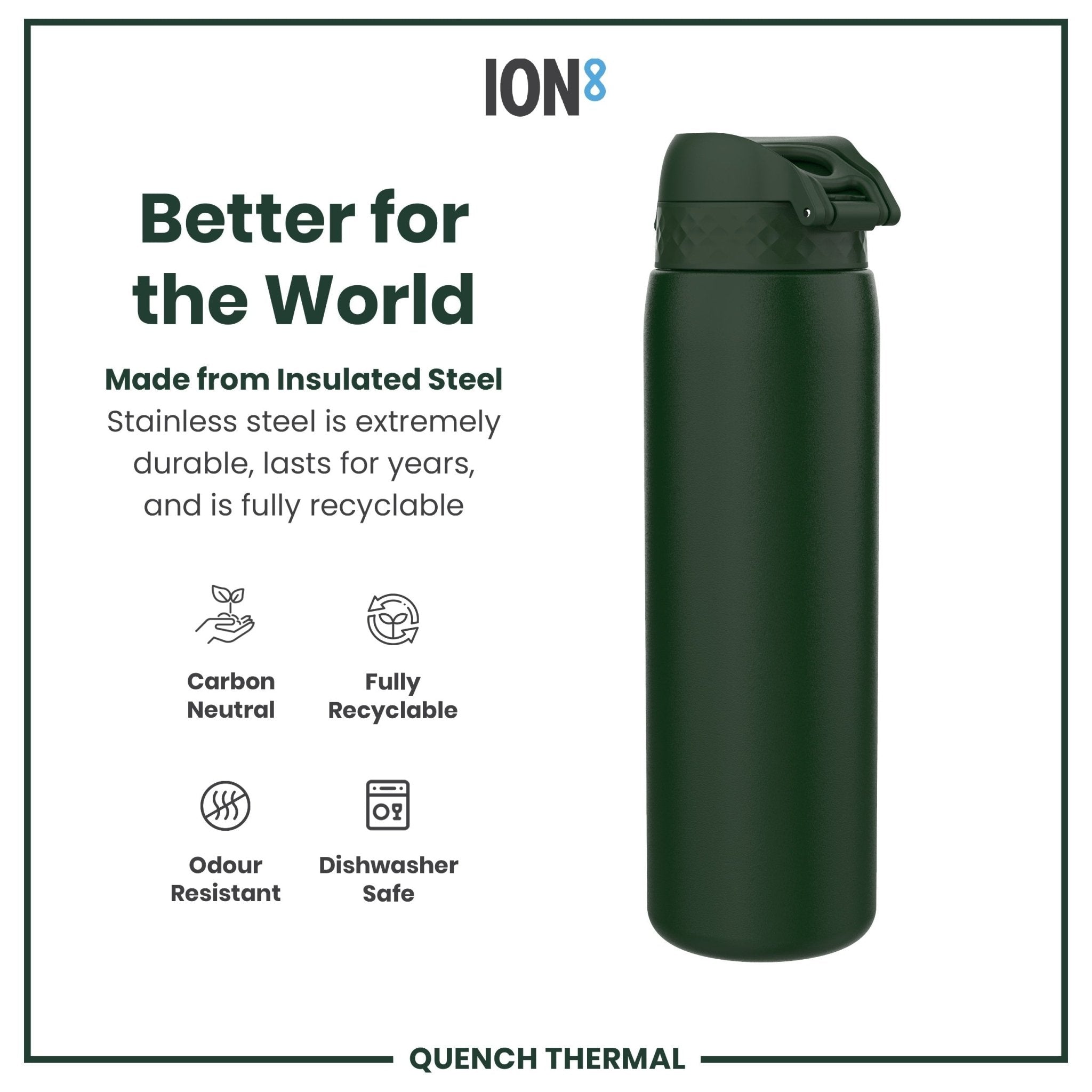Dark green ION8 1L insulated steel water bottle with leak-proof design and thermal insulation, ideal for hot and cold drinks.