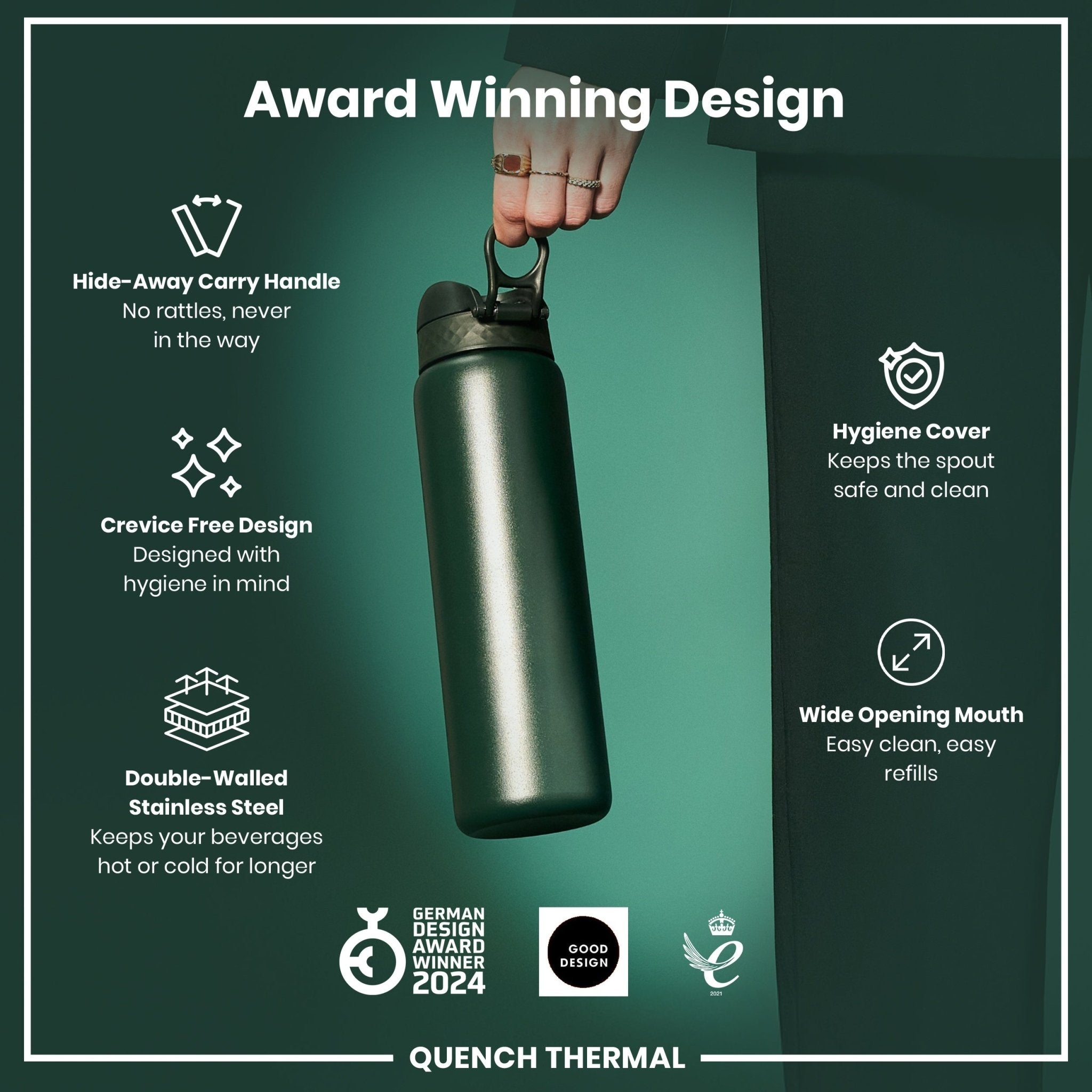 Dark green ION8 1L insulated steel water bottle with leak-proof design and thermal insulation for hot and cold drinks.