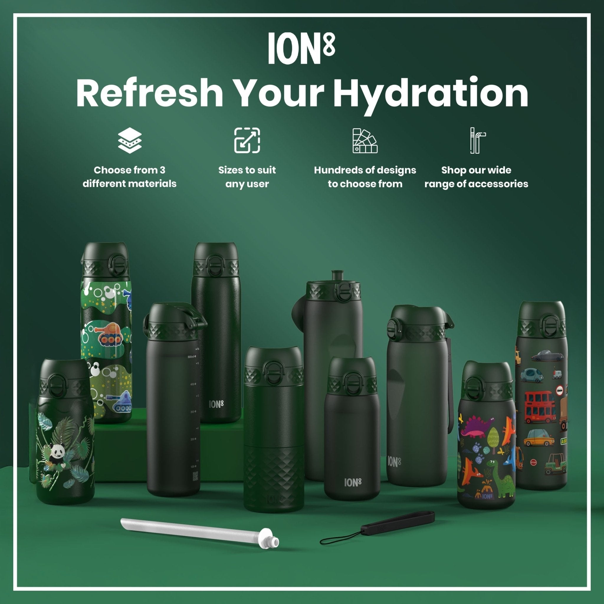 Dark green ION8 1L insulated steel water bottle with leak-proof design and thermal insulation for hot and cold drinks.