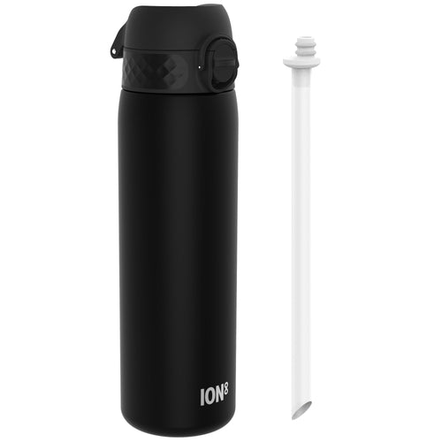 ION8 Recyclon leak-proof medium water bottle with straw in black, 500ml (18oz), featuring a durable design and ergonomic shape.