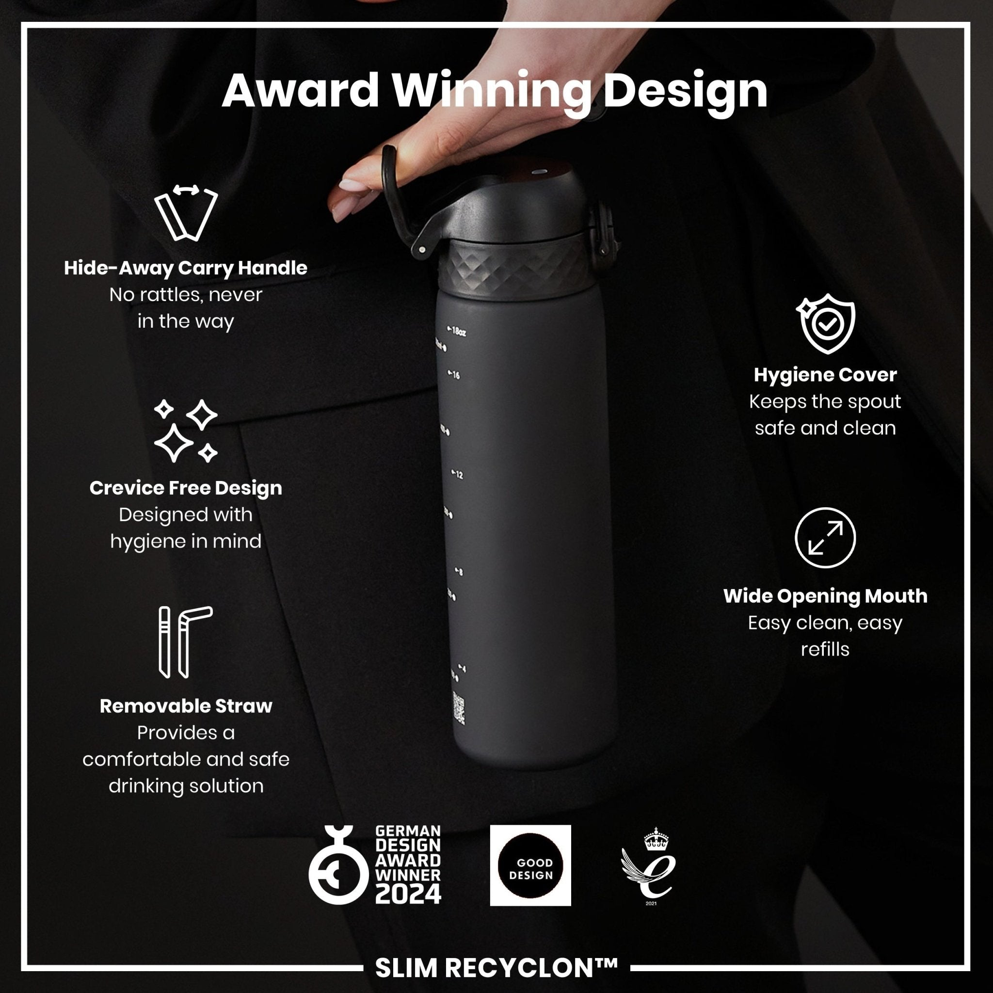 Black ION8 Recyclon leak-proof water bottle with straw, 500ml (18oz), featuring a sleek design and secure lid for on-the-go hydration.