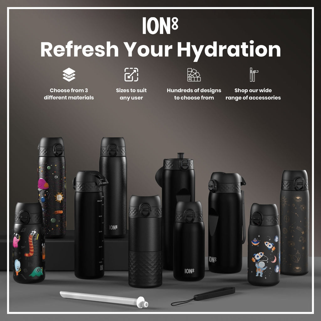 ION8 Recyclon leak-proof medium water bottle with straw, black, 500ml (18oz) for convenient hydration and reusable drinking.