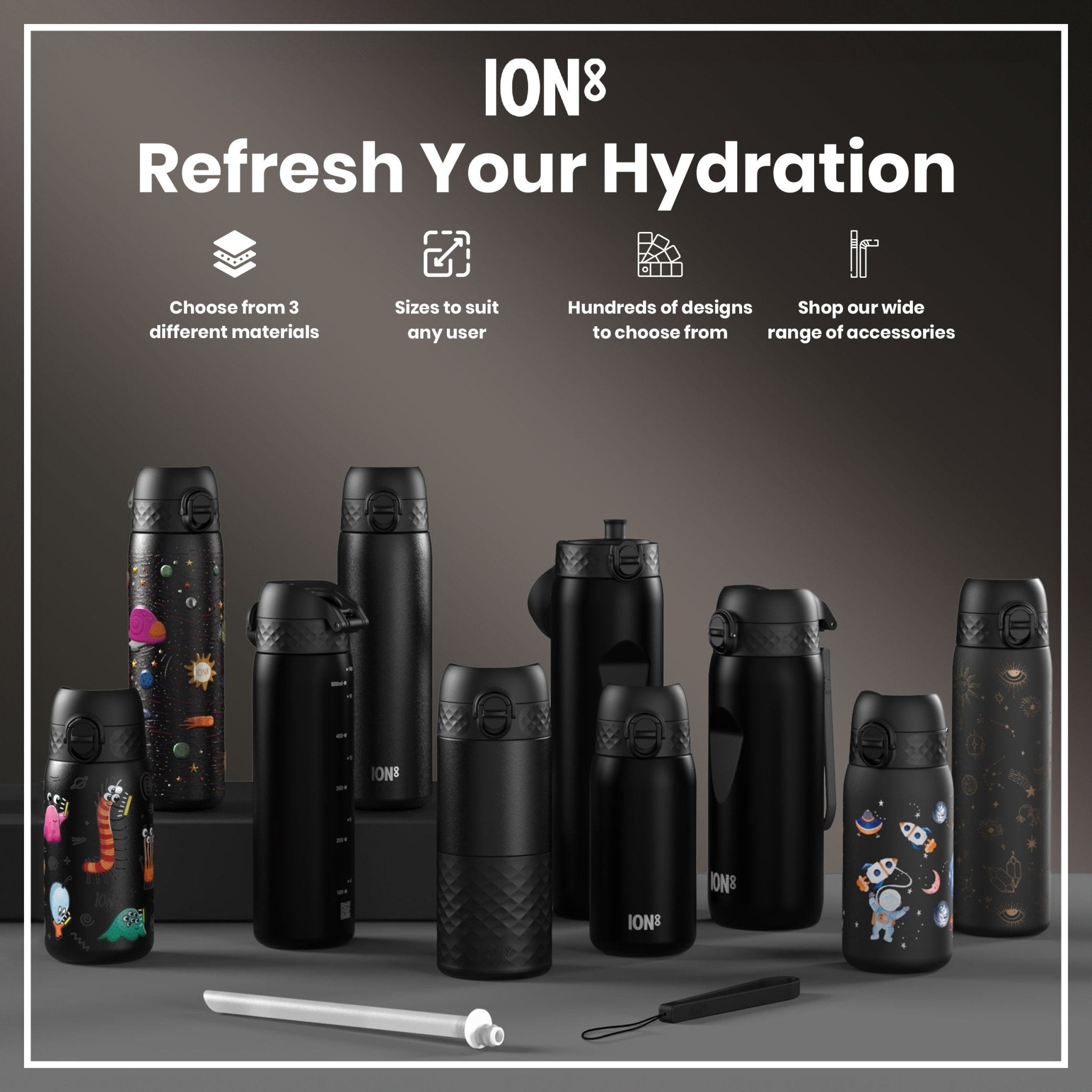 ION8 Recyclon leak-proof medium water bottle with straw, black, 500ml (18oz) for convenient hydration and reusable drinking.