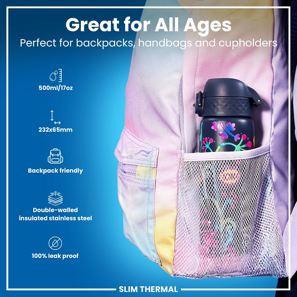 Ion8 leak-proof slim thermal water bottle with bright floral design, insulated steel, 500ml (17oz) for hot and cold drinks.