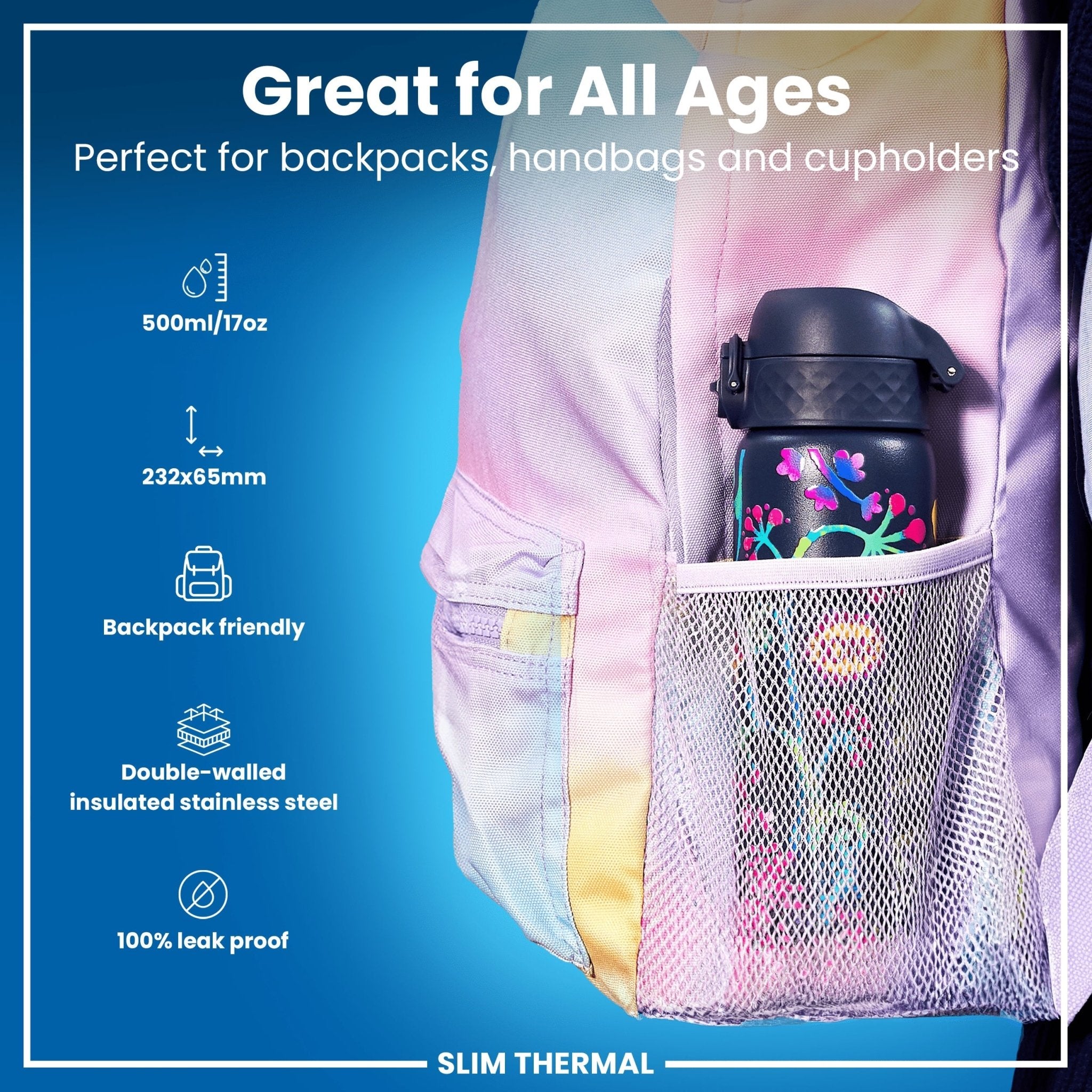 Ion8 leak-proof slim thermal water bottle with bright floral design, insulated steel, 500ml (17oz) for hot and cold drinks.