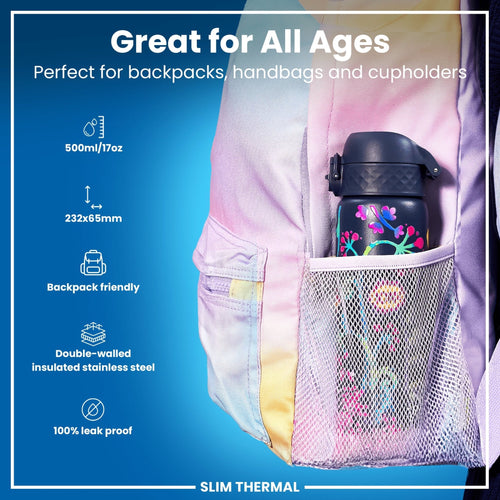 Ion8 leak-proof slim thermal water bottle with bright floral design, insulated steel, 500ml (17oz) for hot and cold drinks.