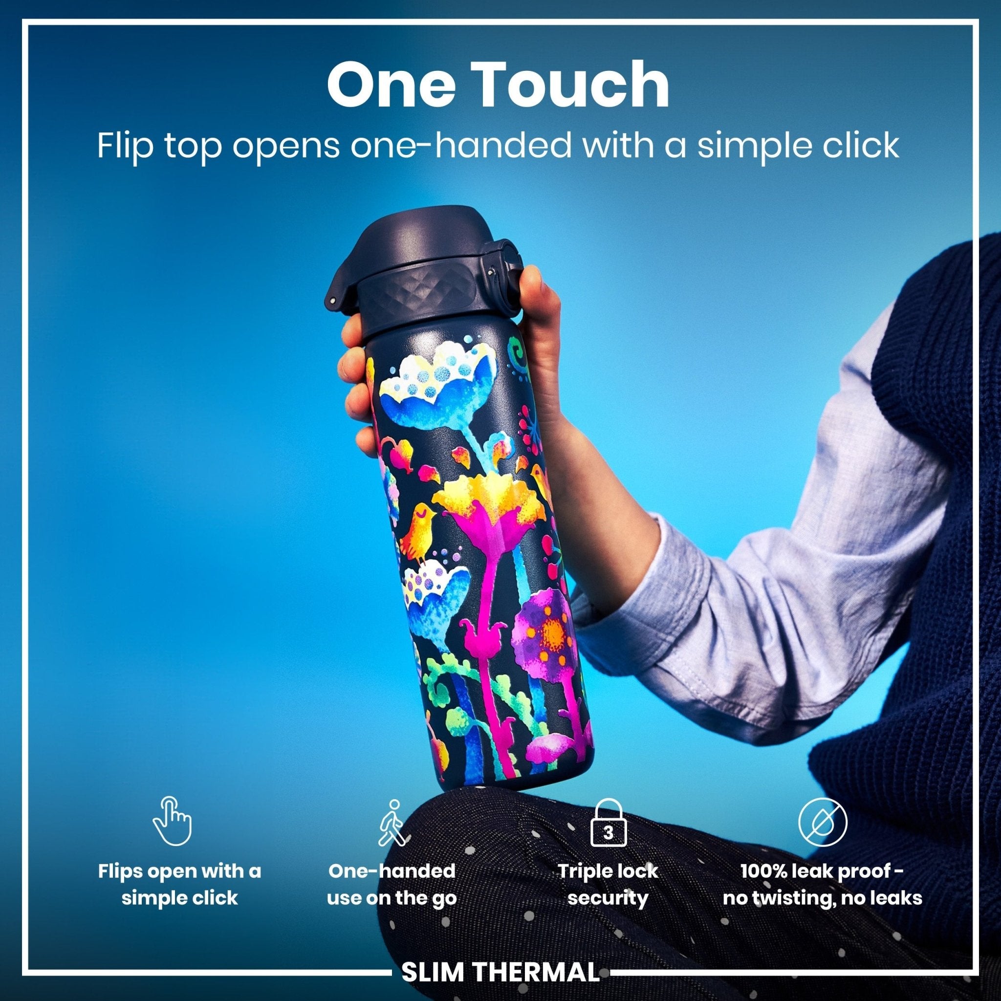 Ion8 leak-proof slim thermal steel water bottle with bright floral design, 500ml insulated water bottle for hot or cold drinks