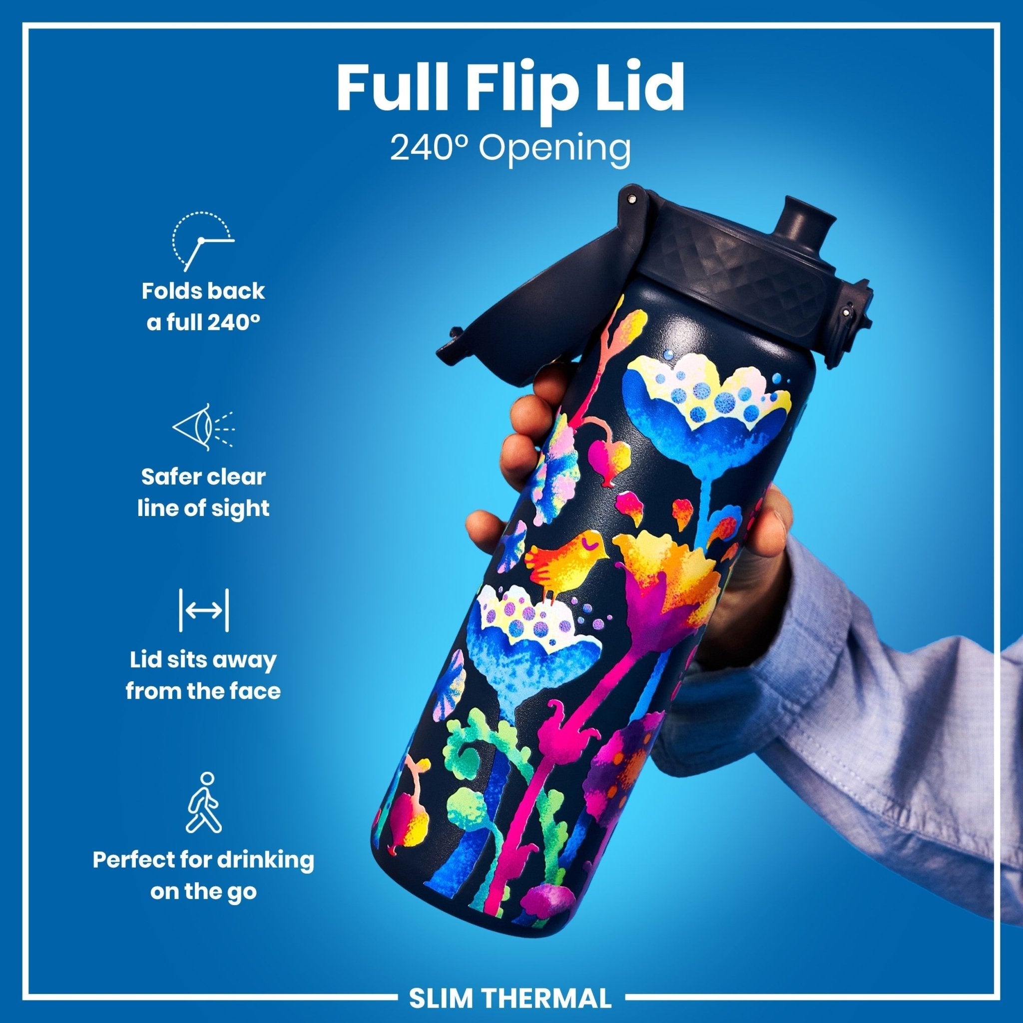 Ion8 leak-proof slim thermal water bottle with bright floral design, insulated steel, 500ml (17oz) for hot and cold beverages.