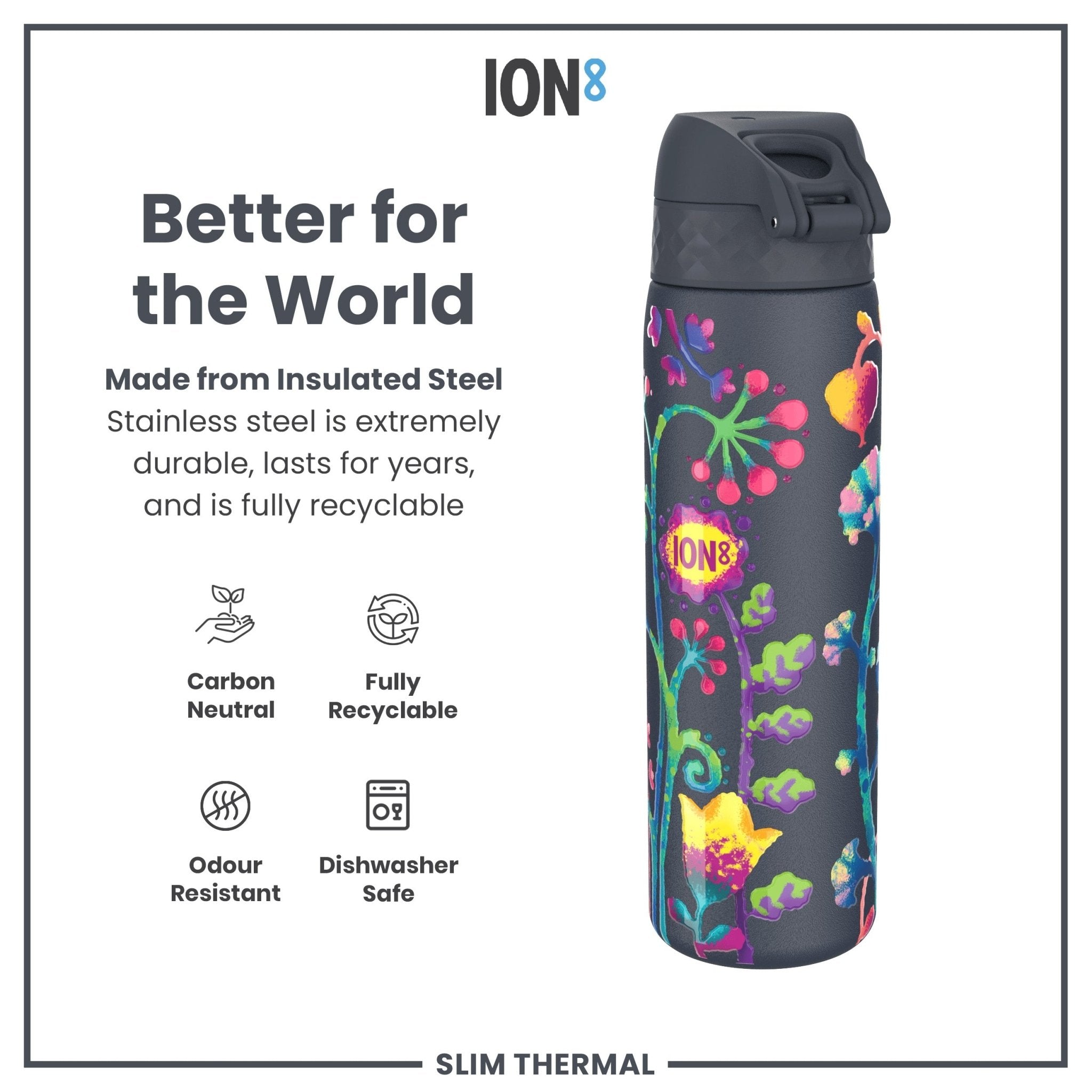 Bright floral ION8 insulated steel water bottle with leak-proof design, 500ml capacity, perfect for hot and cold drinks.